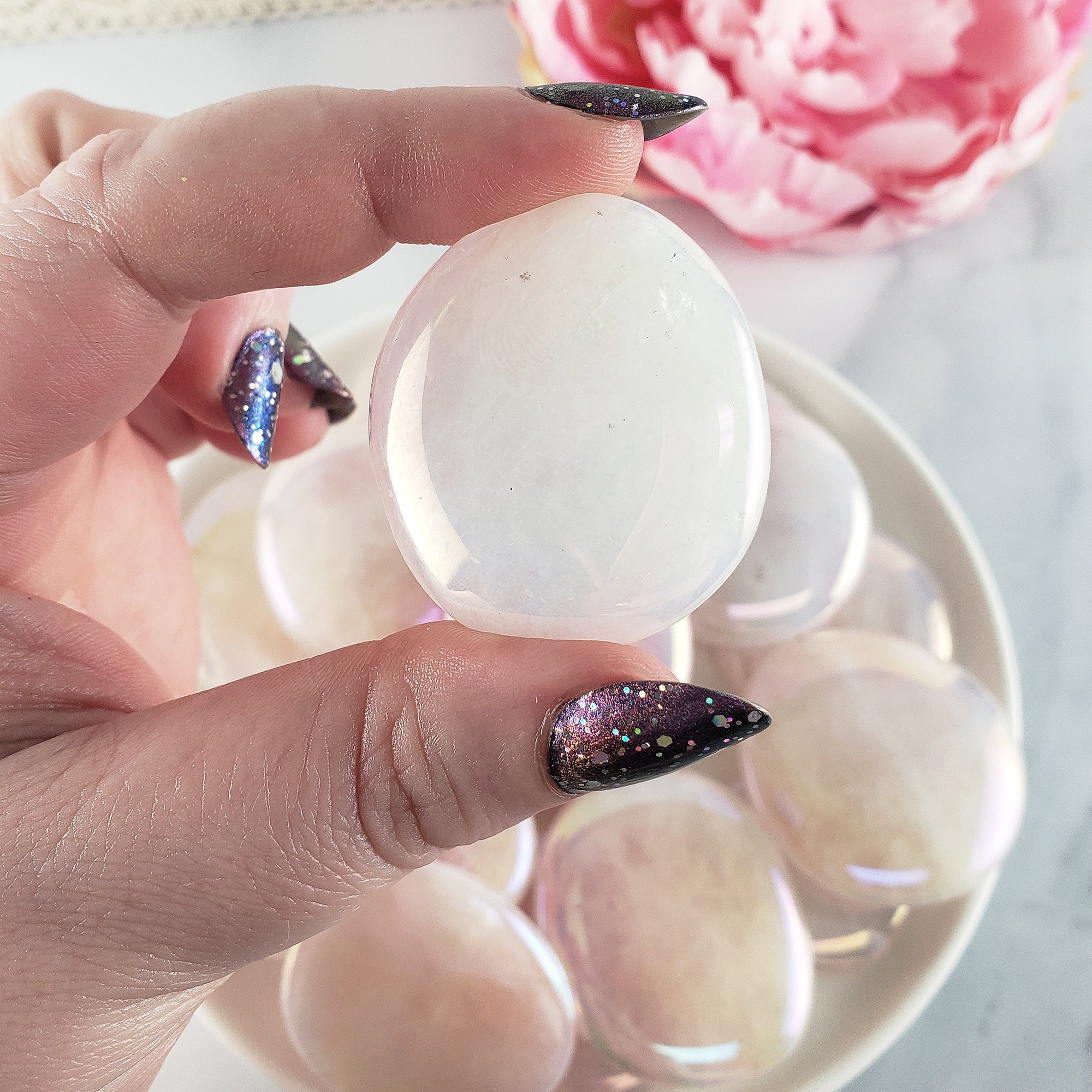 Angel Aura Rose Quartz Crystal Titanium Aura Coated Palm Stone for Meditation - Heart Chakra Stone - 6