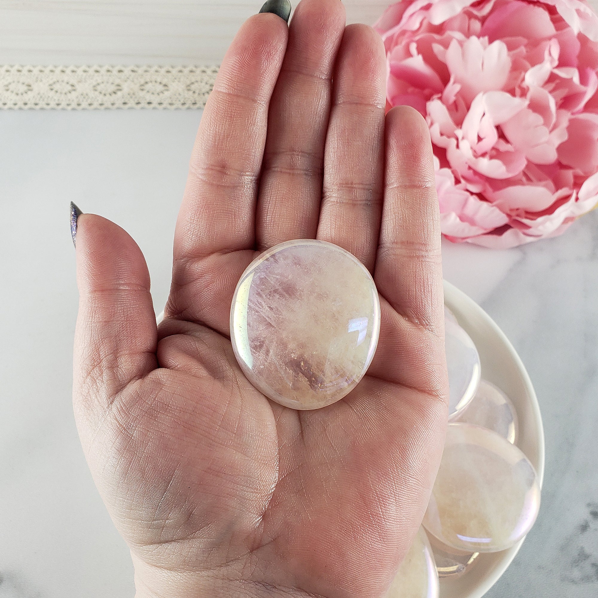 Angel Aura Rose Quartz Crystal Titanium Aura Coated Palm Stone for Meditation - Heart Chakra Stone 1