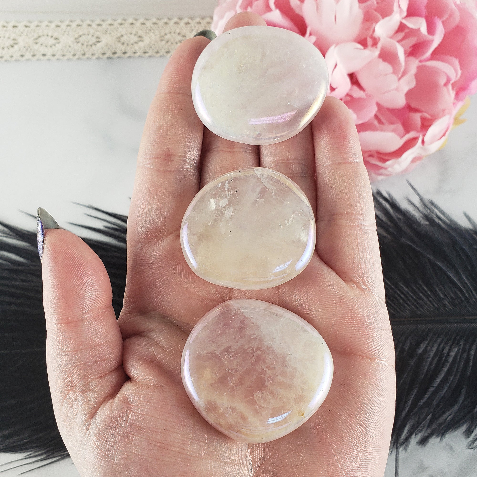 Angel Aura Rose Quartz Crystal Titanium Aura Coated Palm Stone for Meditation - Heart Chakra Stone - 8