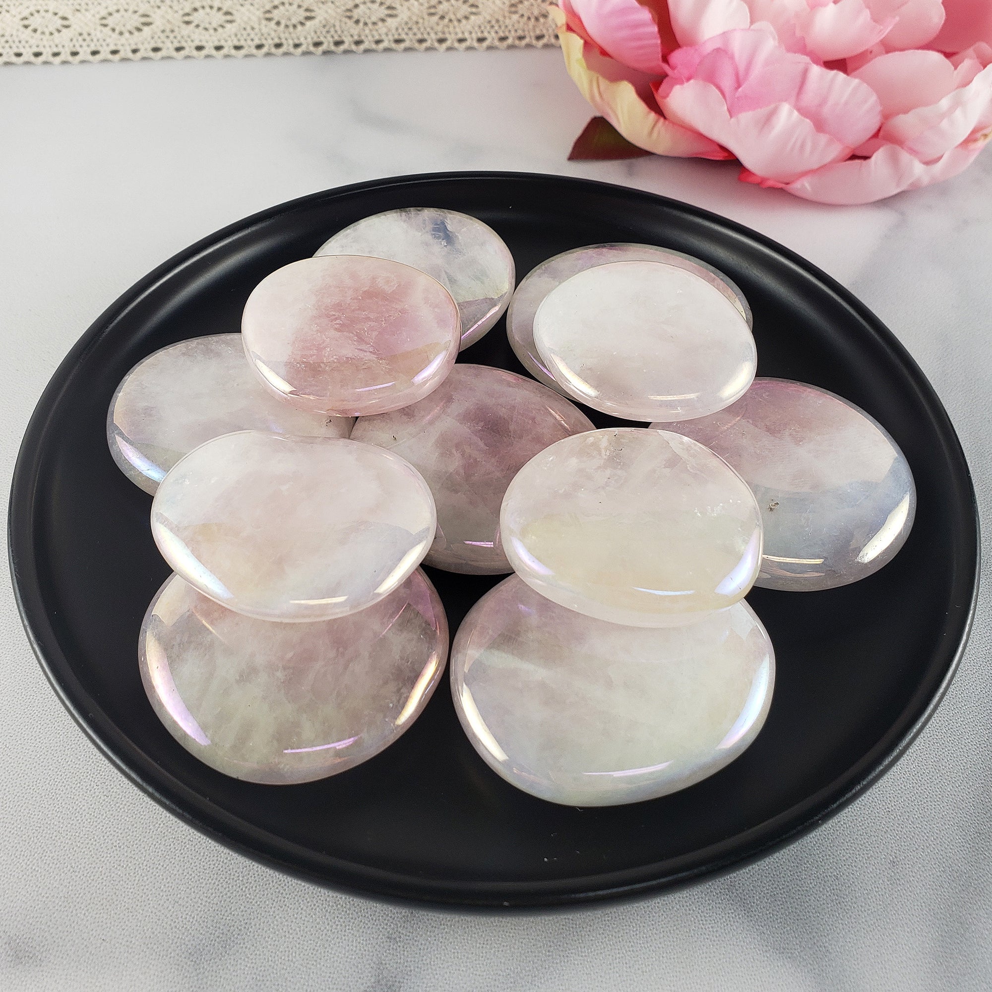 Angel Aura Rose Quartz Crystal Titanium Aura Coated Palm Stone for Meditation - Heart Chakra Stone - 9
