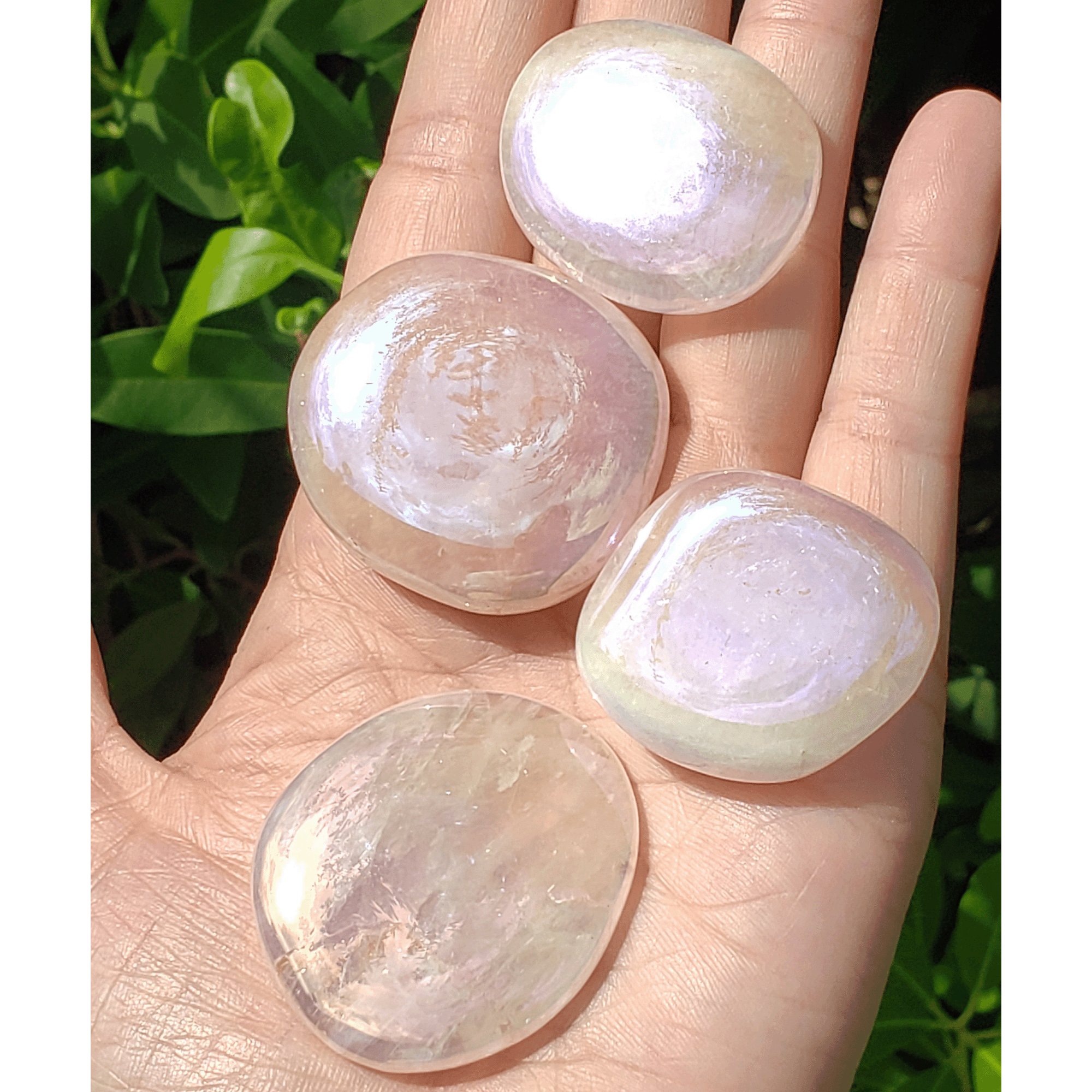 Angel Aura Rose Quartz Crystal Titanium Aura Coated Palm Stone for Meditation - Heart Chakra Stone