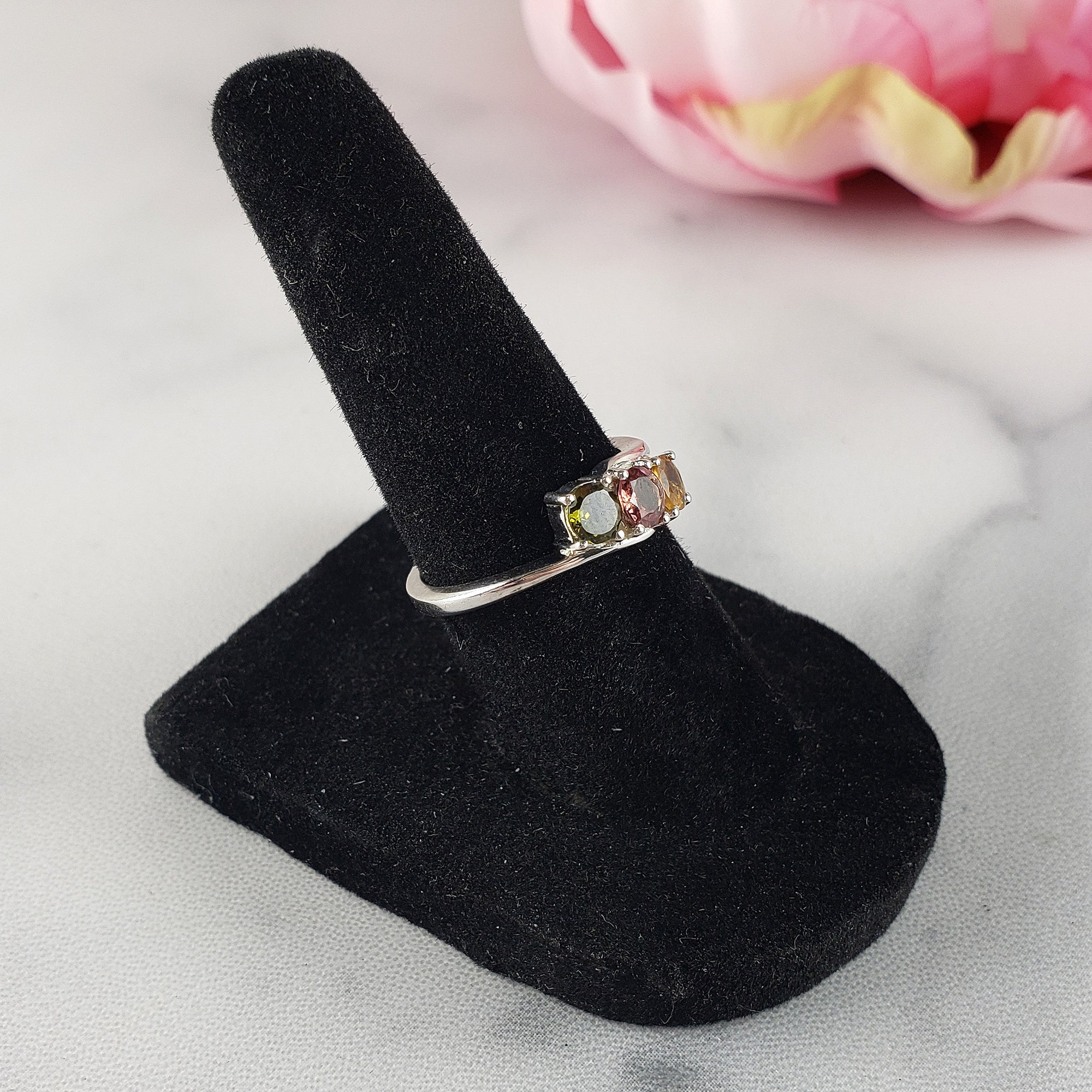 Green Tourmaline, Pink Tourmaline, &amp; Yellow Tourmaline Crystal Natural Gemstone 925 Sterling Silver Ring | Size 6 - d