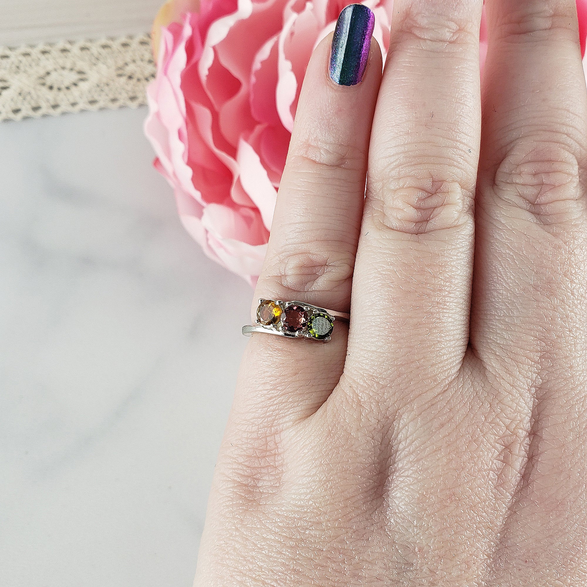 Green Tourmaline, Pink Tourmaline, & Yellow Tourmaline Crystal Natural Gemstone 925 Sterling Silver Ring | Size 6 - c