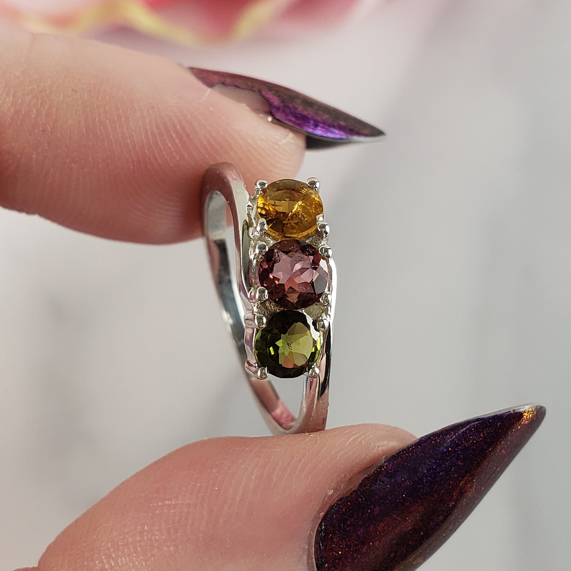 Green Tourmaline, Pink Tourmaline, &amp; Yellow Tourmaline Crystal Natural Gemstone 925 Sterling Silver Ring | Size 6 - e