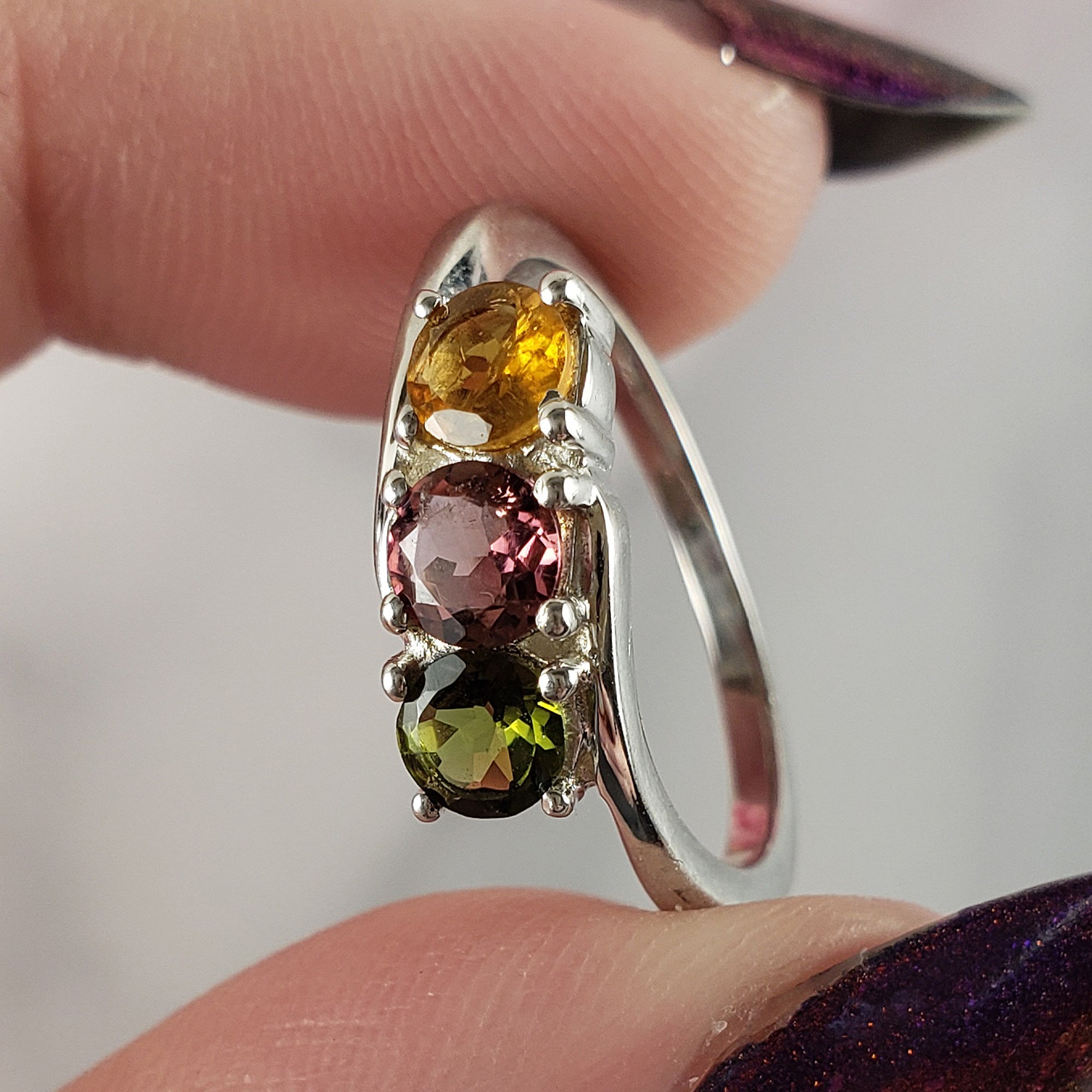 Green Tourmaline, Pink Tourmaline, & Yellow Tourmaline Crystal Natural Gemstone 925 Sterling Silver Ring | Size 6 - f