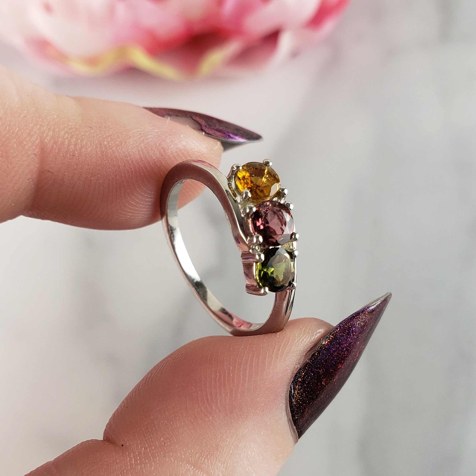 Green Tourmaline, Pink Tourmaline, &amp; Yellow Tourmaline Crystal Natural Gemstone 925 Sterling Silver Ring | Size 6 - a