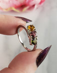 Green Tourmaline, Pink Tourmaline, & Yellow Tourmaline Crystal Natural Gemstone 925 Sterling Silver Ring | Size 6 - a