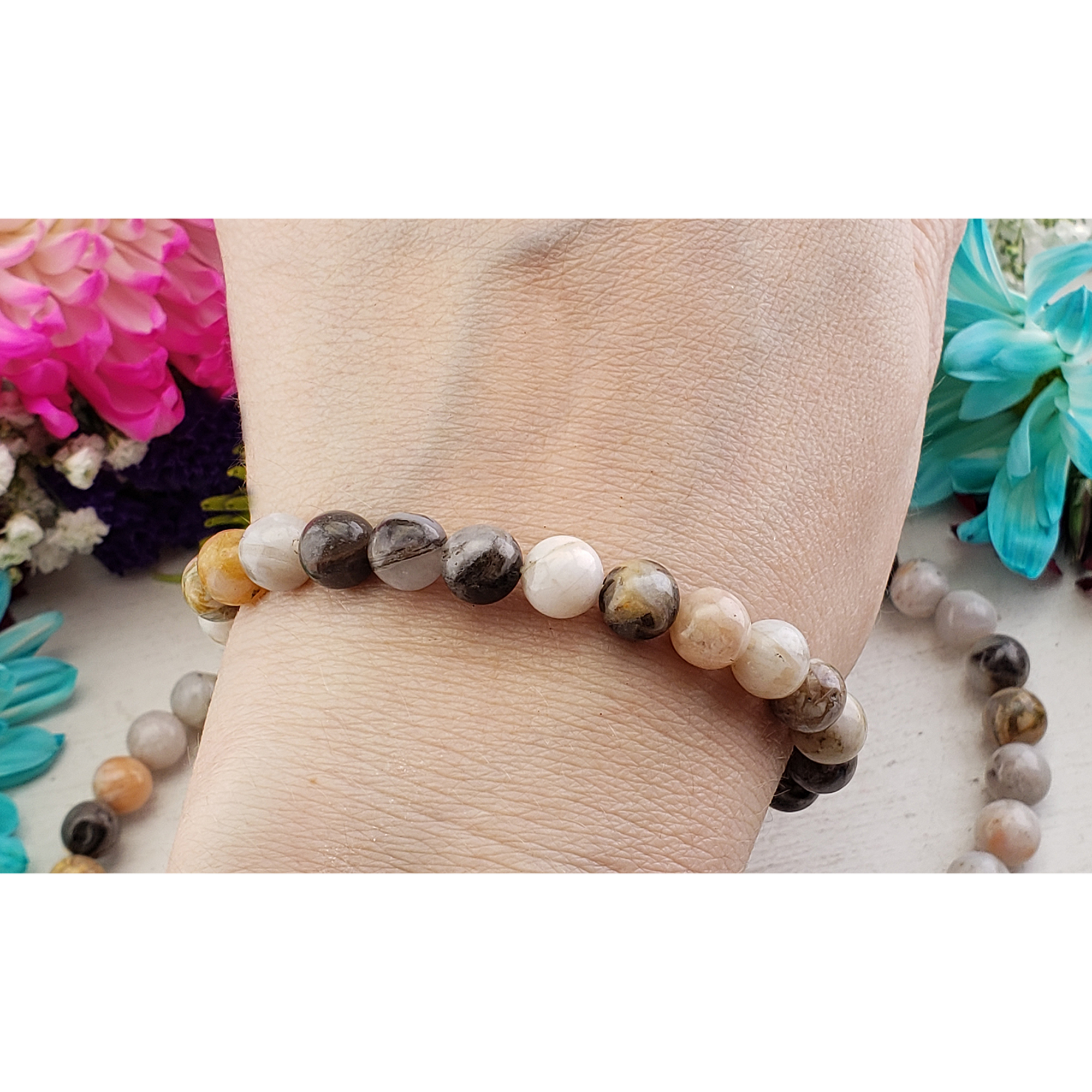 Bamboo Leaf Agate Stone Natural Crystal 7-8mm Beaded Bracelet - 7