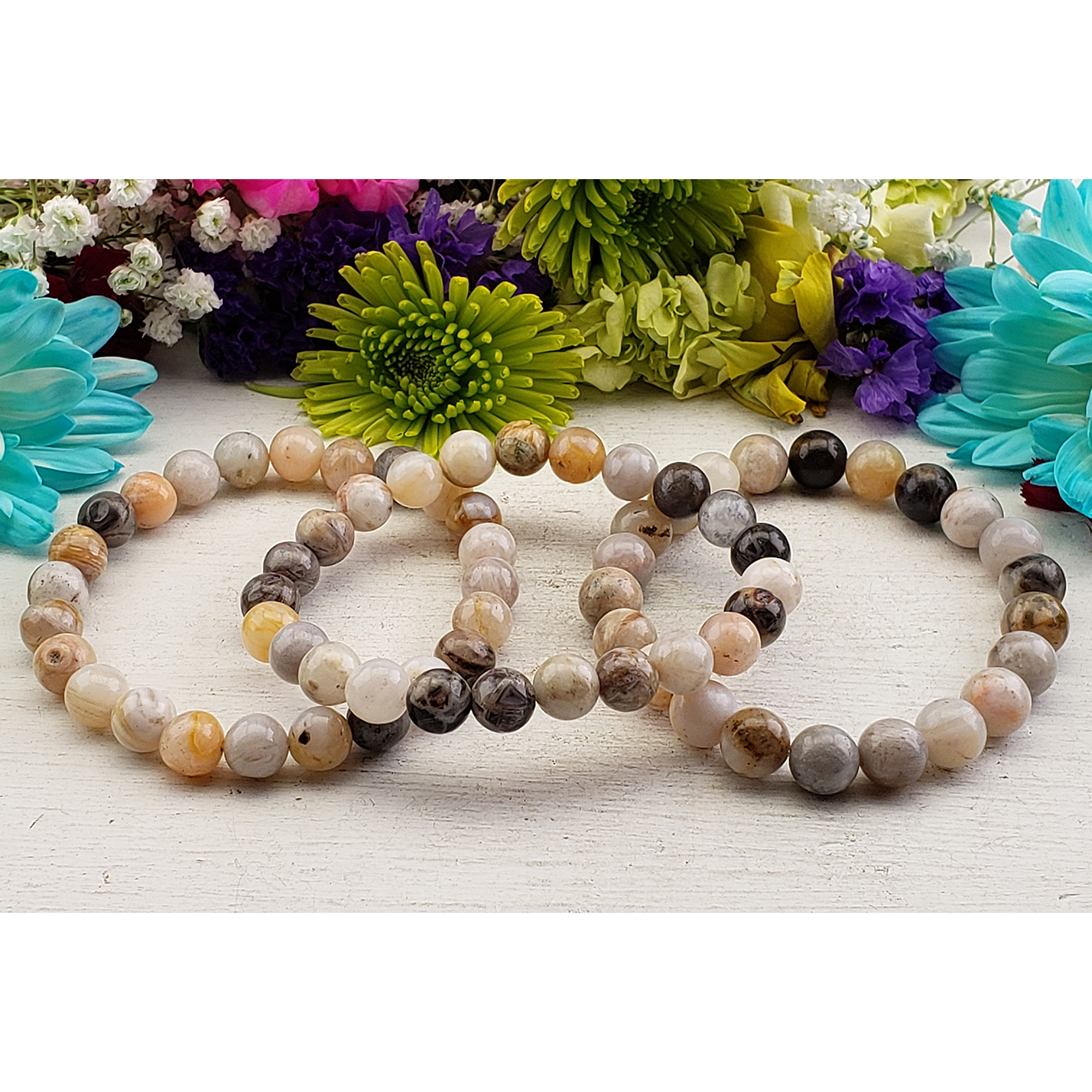 Bamboo Leaf Agate Stone Natural Crystal 7-8mm Beaded Bracelet - 8