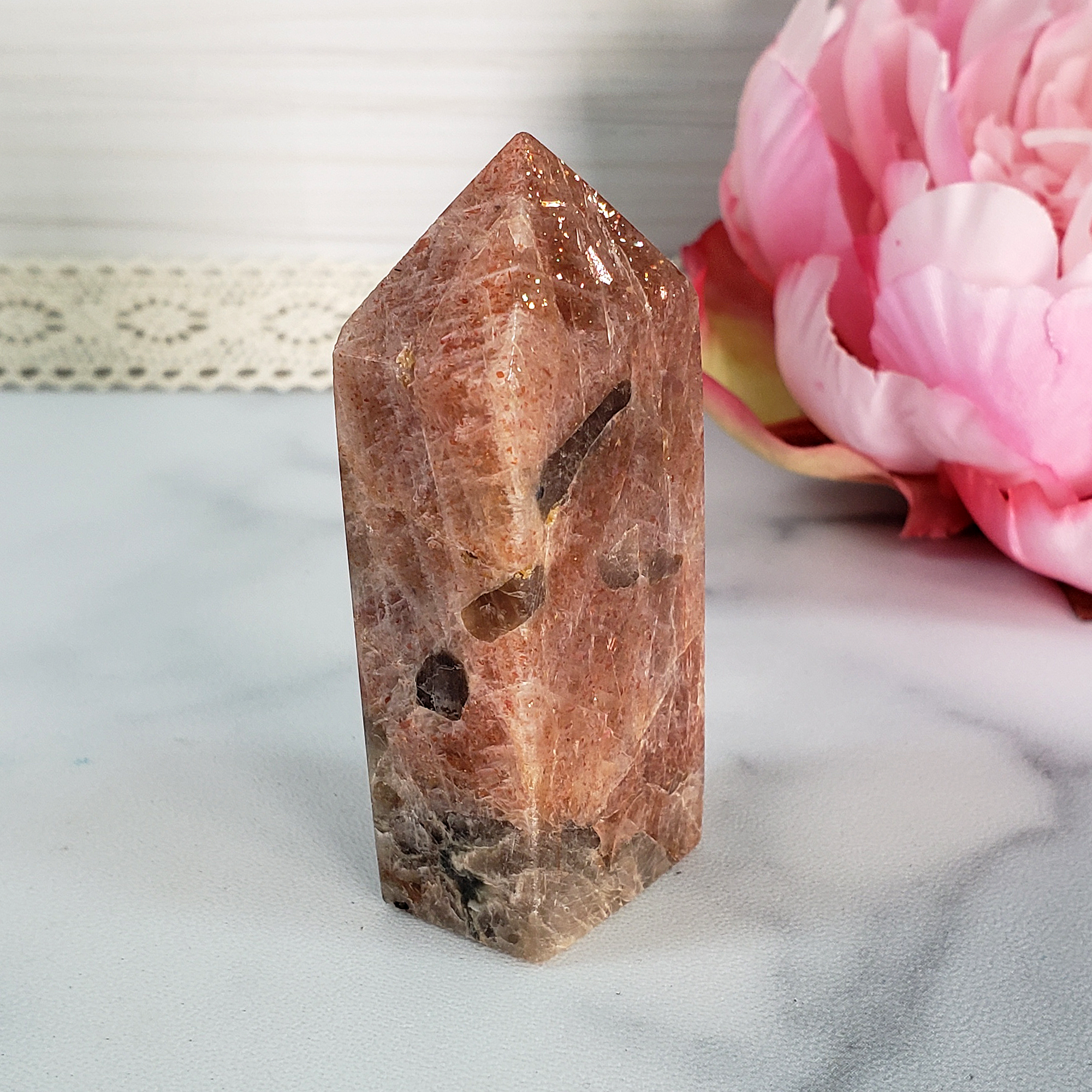 Unique Small Confetti Sunstone with Smoky Quartz Natural Crystal Tower Point - Bast - 5