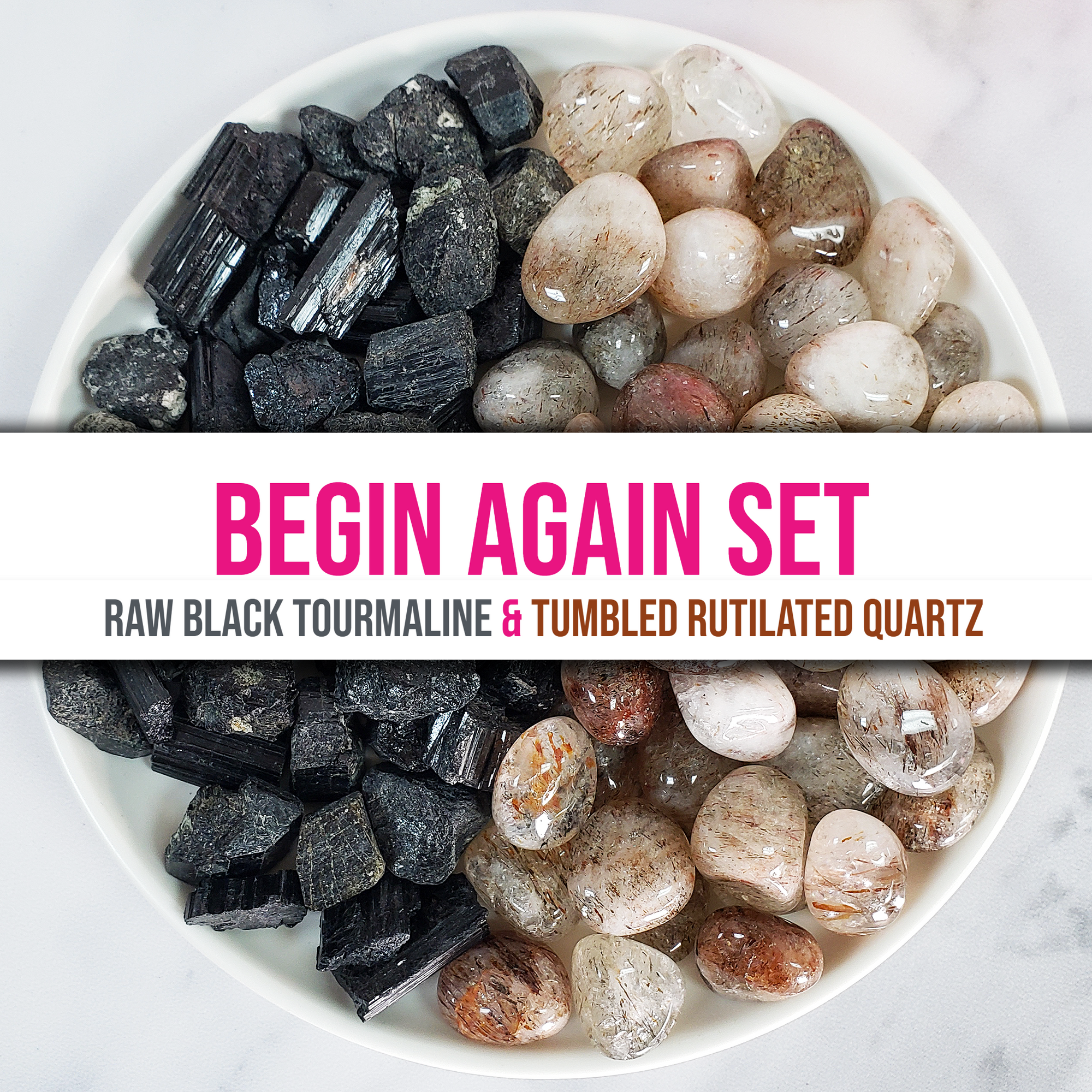 Begin Again Crystal Set for New Beginnings | Raw Black Tourmaline & Tumbled Rutilated Quartz