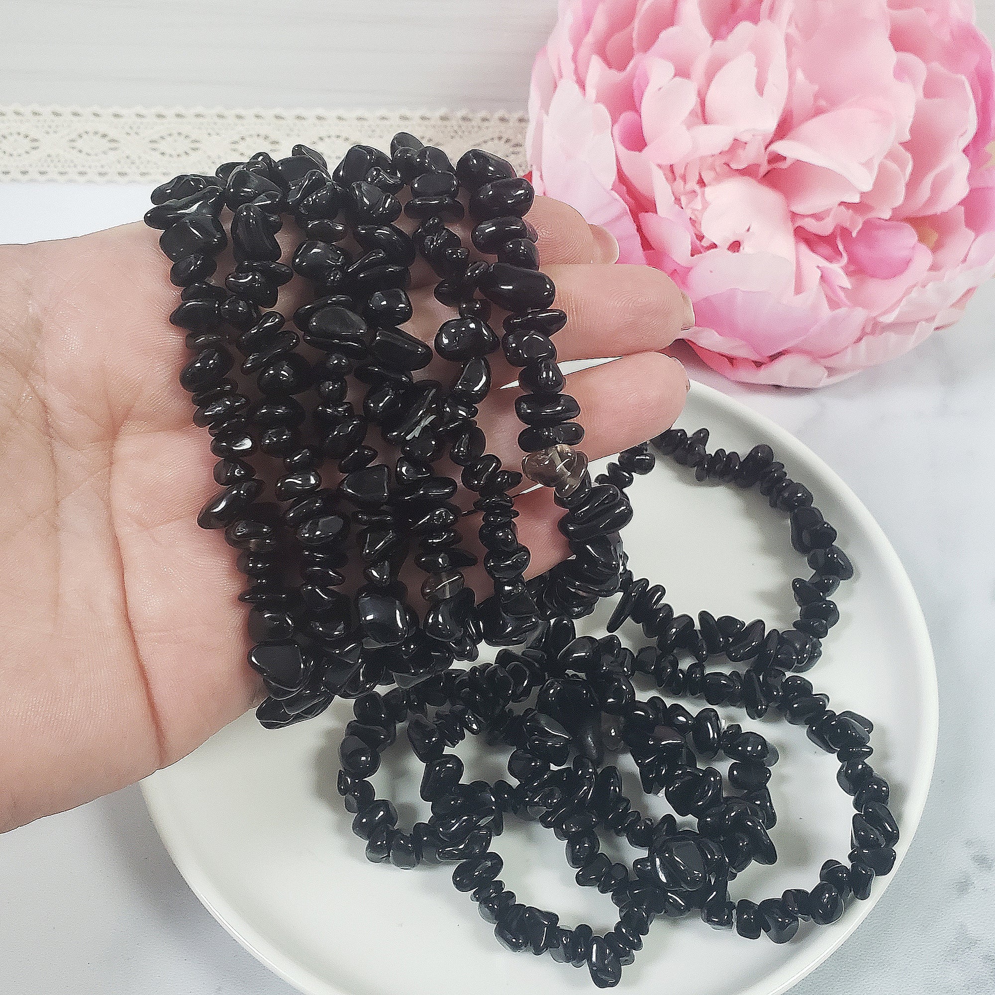 Black Obsidian Crystal Natural Gemstone Chip Bead Bracelet - Crystals for Evil Eye Protection