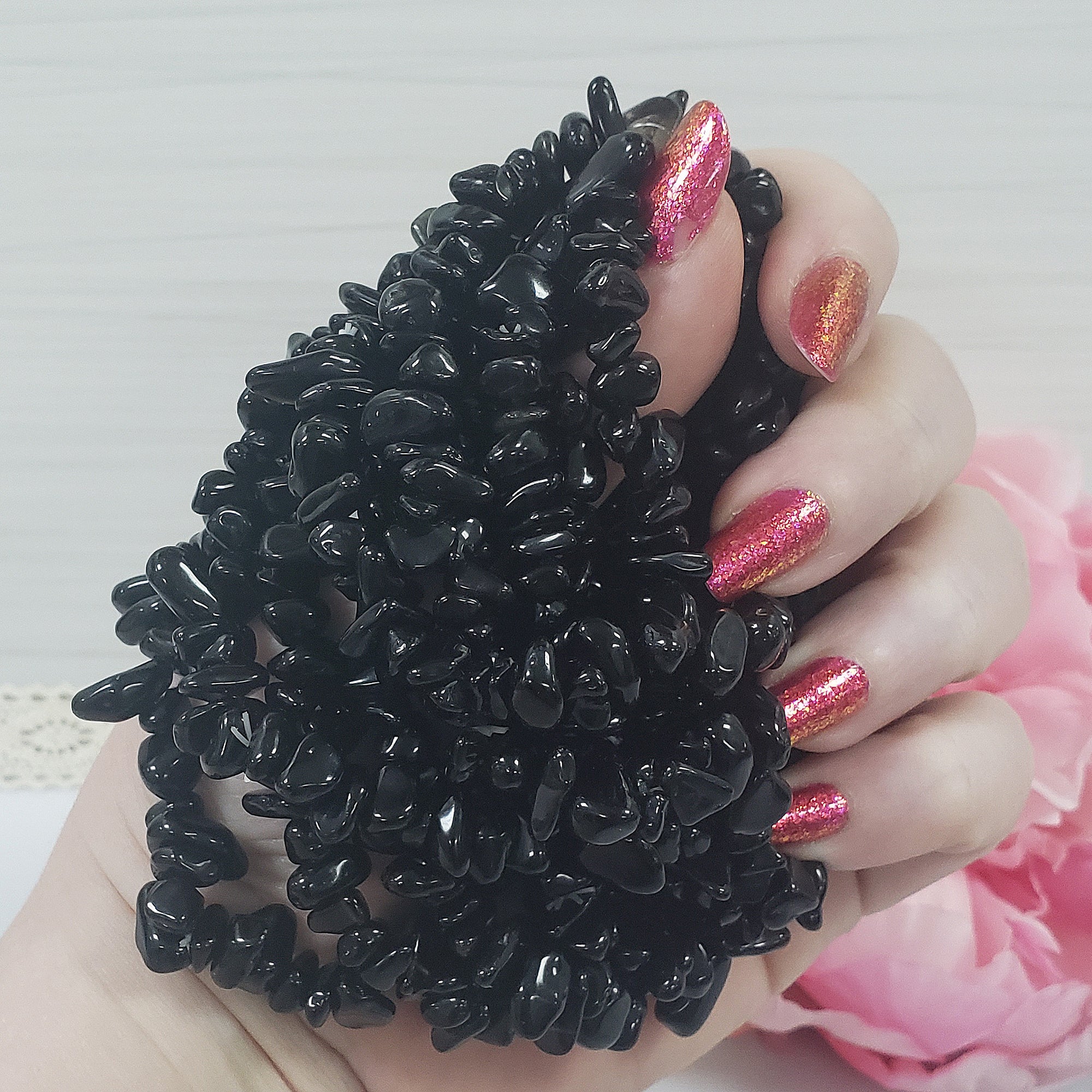 Black Obsidian Crystal Natural Gemstone Chip Bead Bracelet - Crystals for Peace