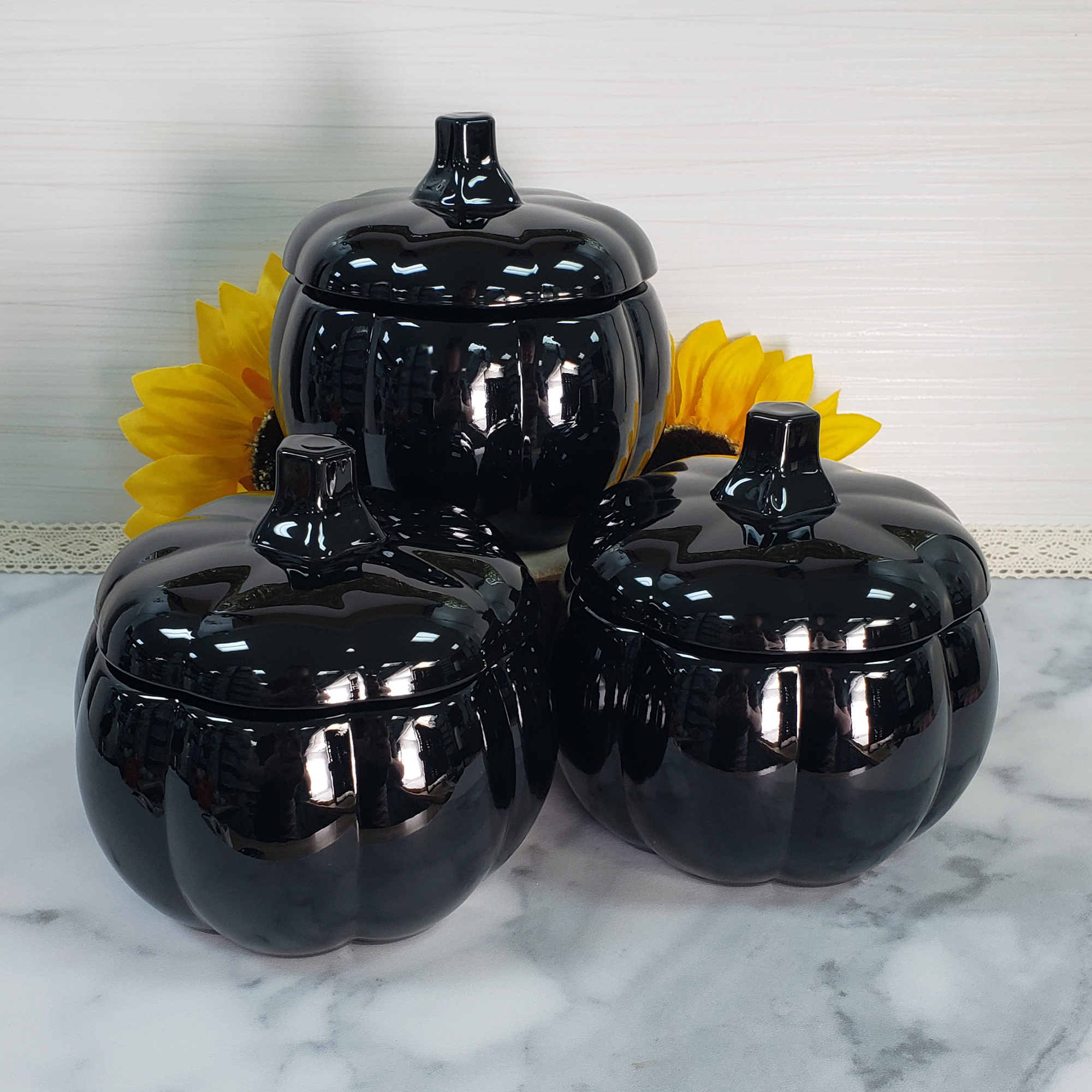 Spooky Black Pumpkin Glass Bowl | Container with Lid | Halloween Home Decor - Group Photo