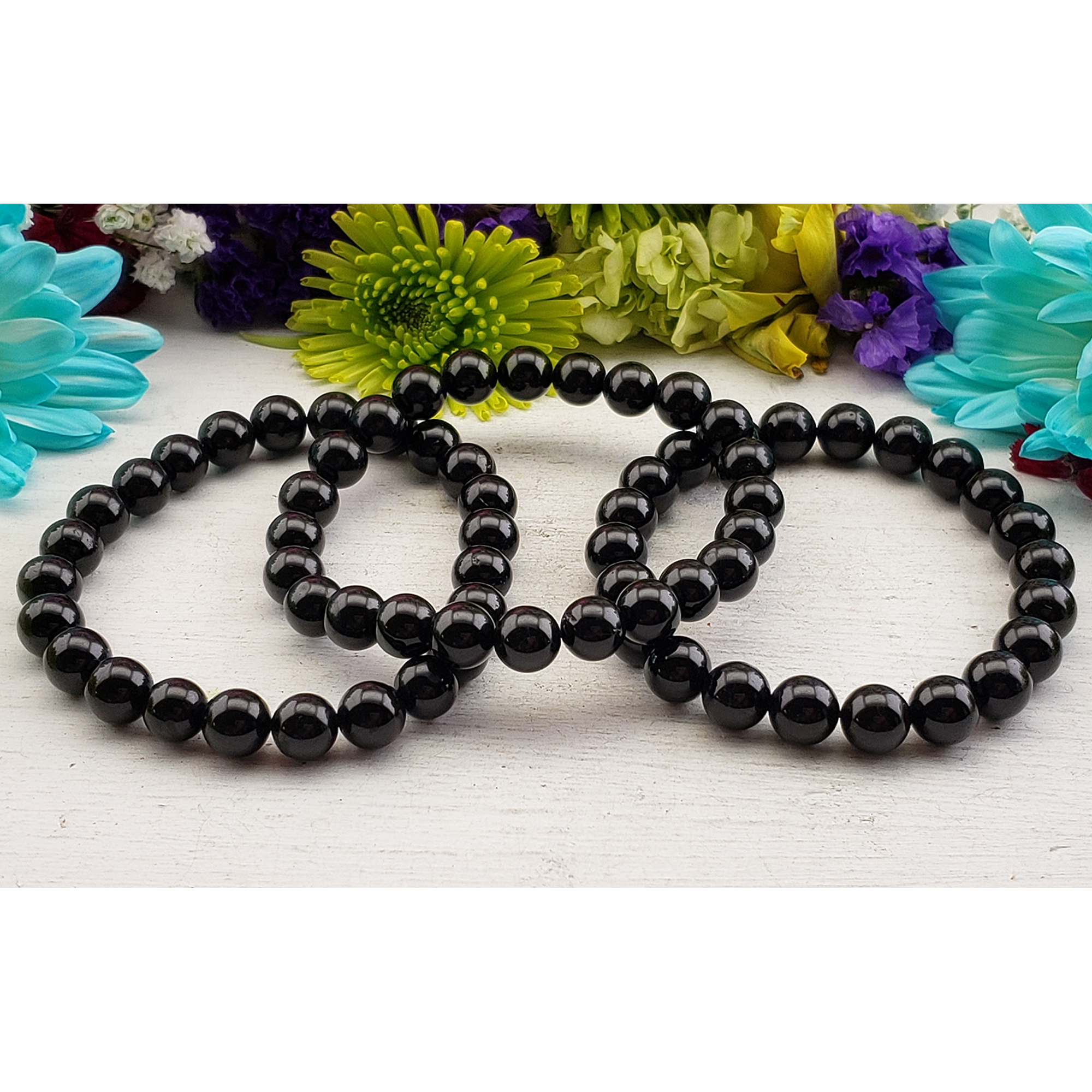 Black Tourmaline Crystal Natural Gemstone 7-8mm Beaded Bracelet - 2