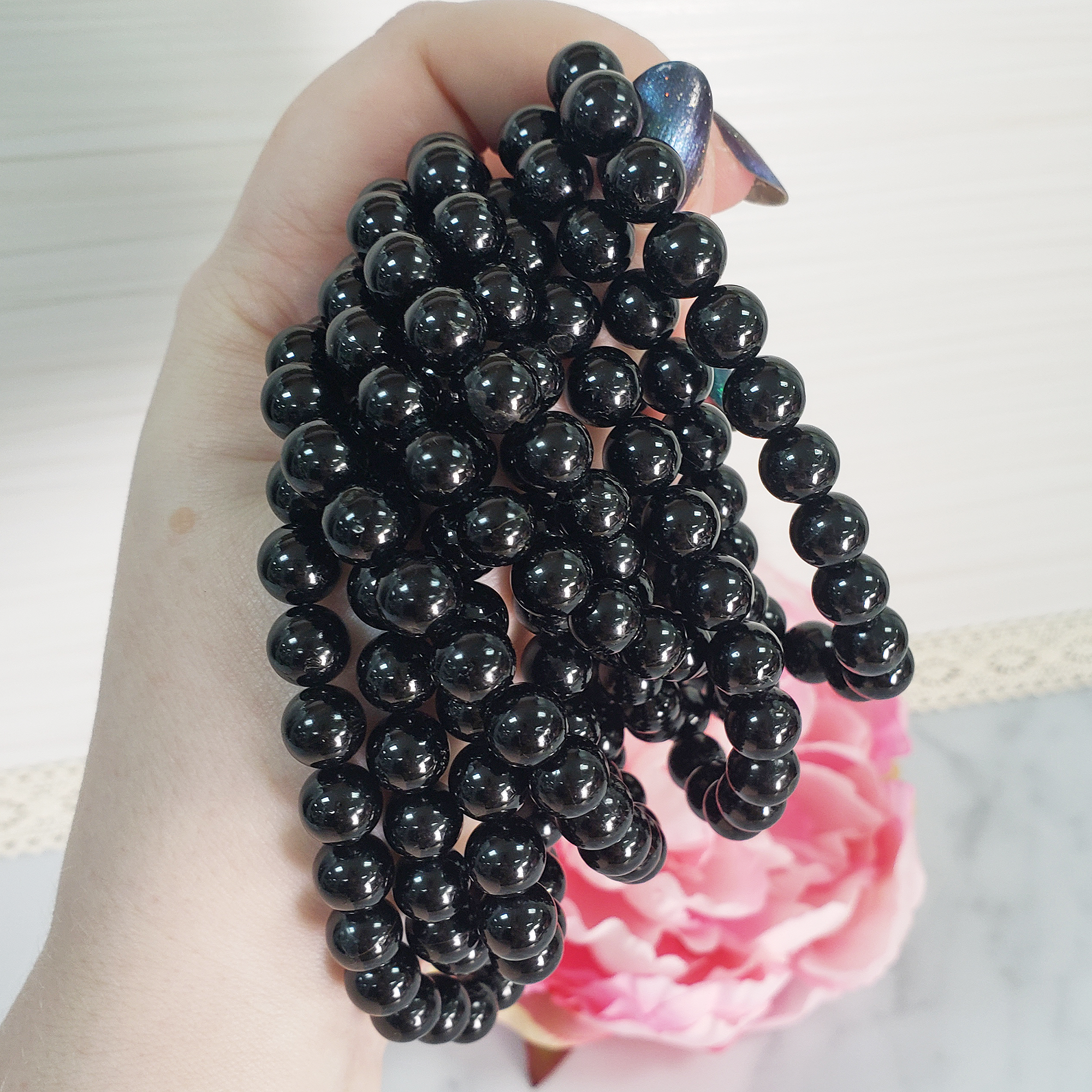 Black Tourmaline Crystal Natural Gemstone 7-8mm Beaded Bracelet - 5