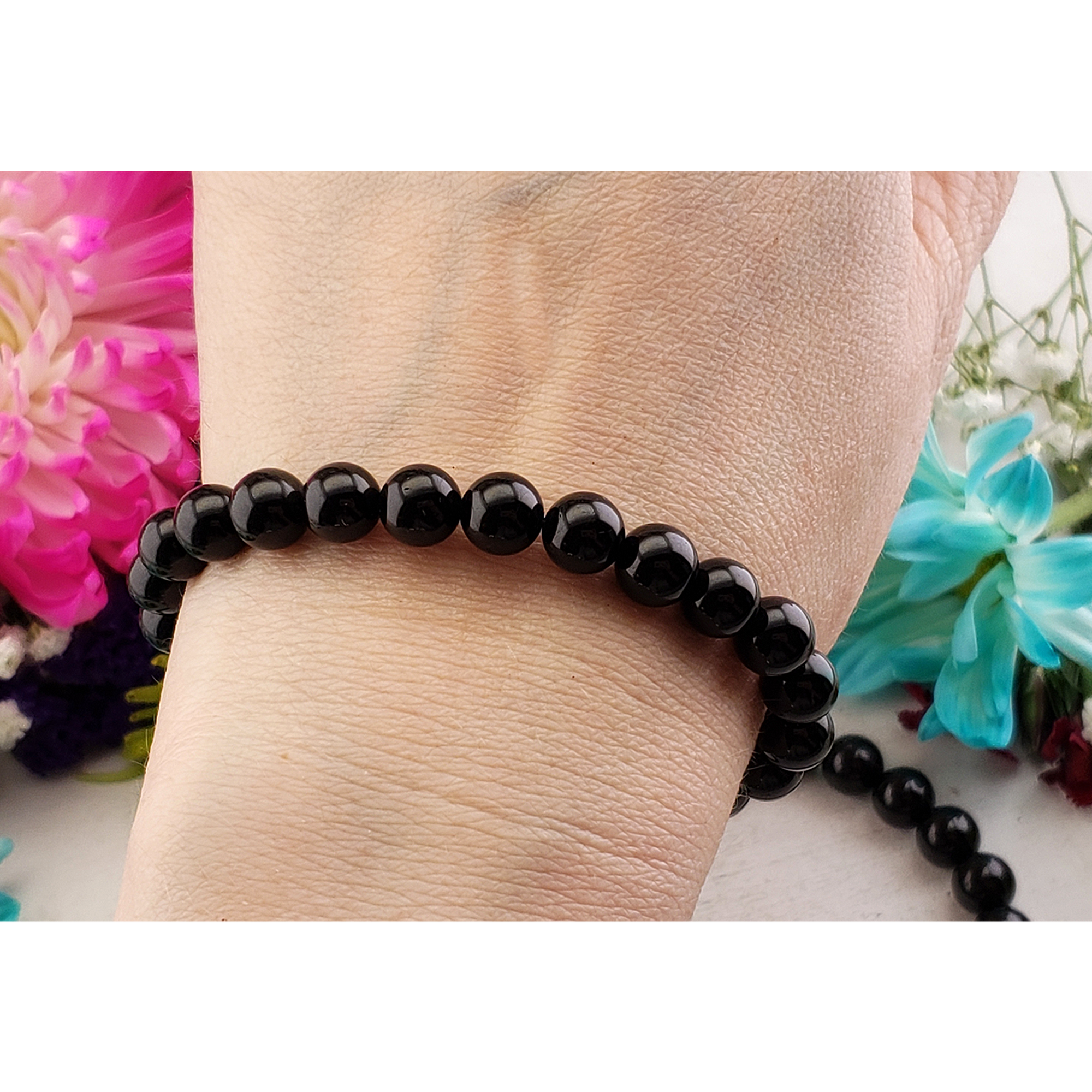 Black Tourmaline Crystal Natural Gemstone 7-8mm Beaded Bracelet - 4