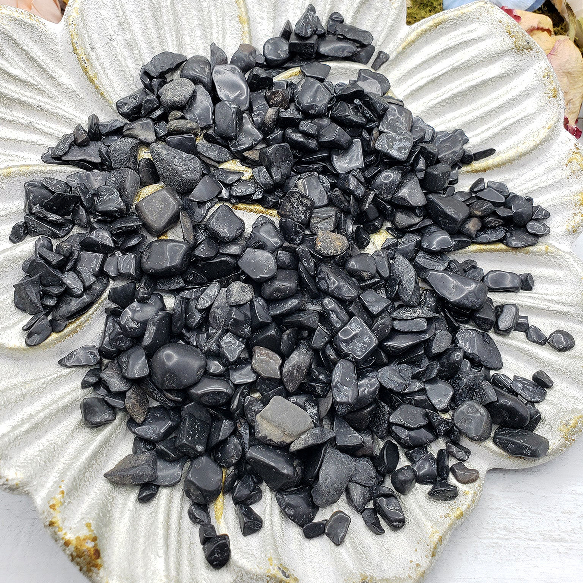 Black Tourmaline Stone Natural Crystal Chips By the Ounce - On Plate