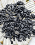 Black Tourmaline Stone Natural Crystal Chips By the Ounce - On Plate