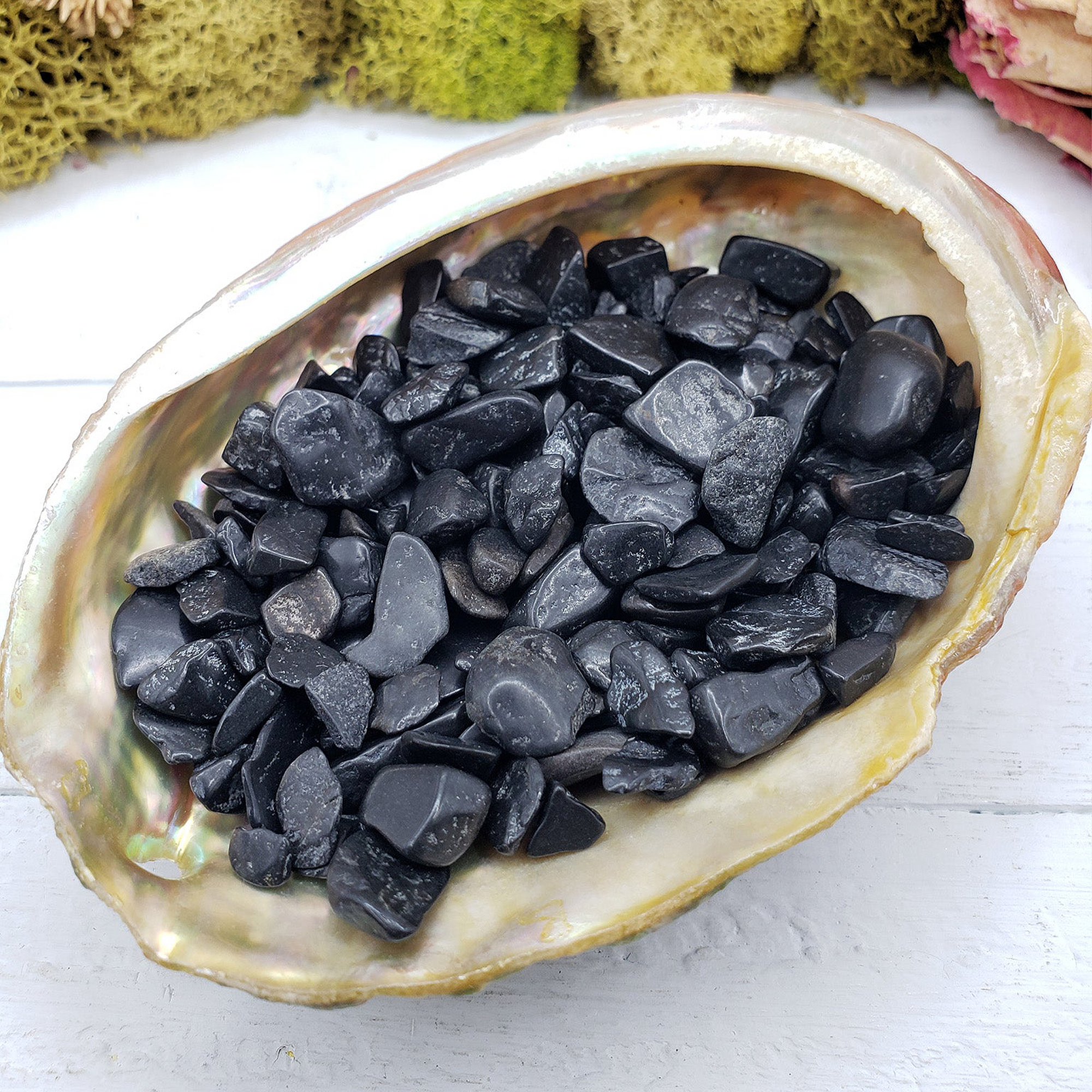 Black Tourmaline Stone Natural Crystal Chips By the Ounce - In Abalone Shell