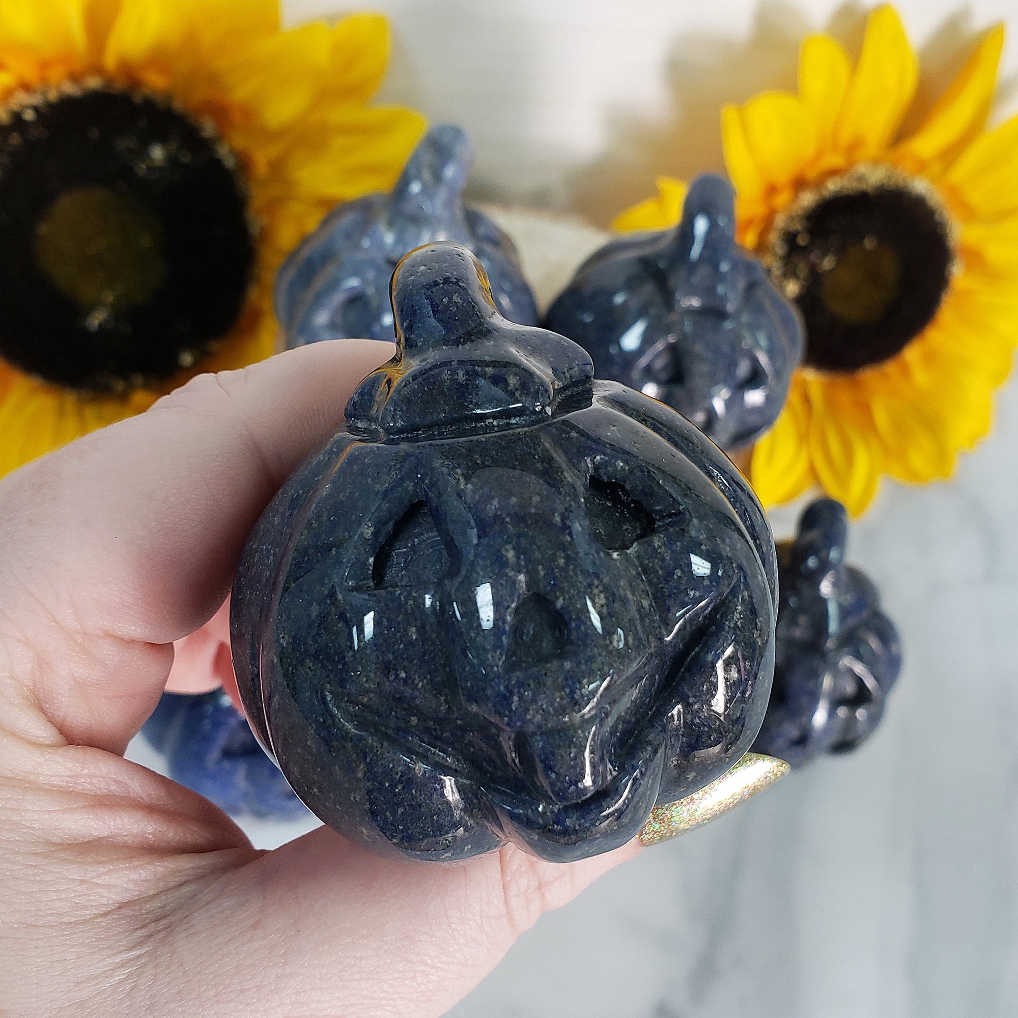 Blue Quartz Crystal Carving Natural Gemstone Jack-O-Lantern | Focused Pumpkin - 2