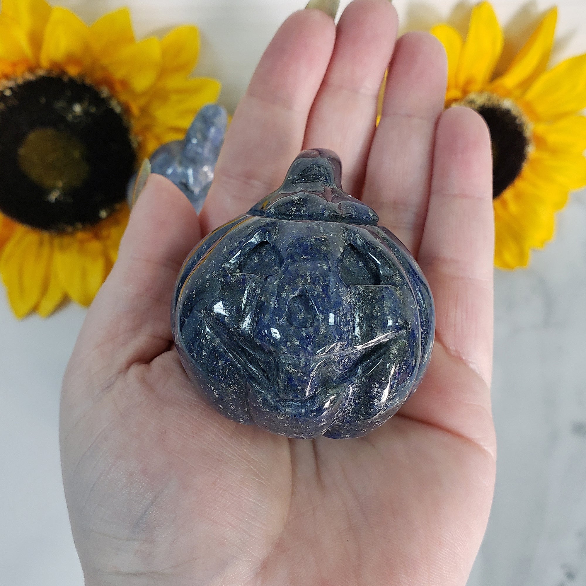 Blue Quartz Crystal Carving Natural Gemstone Jack-O-Lantern | Focused Pumpkin - 4