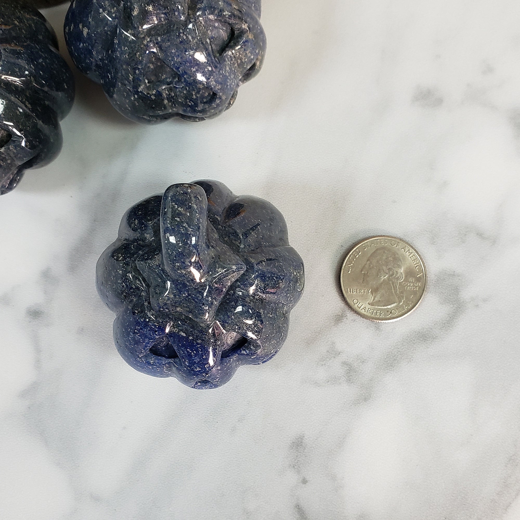 Blue Quartz Crystal Carving Natural Gemstone Jack-O-Lantern | Focused Pumpkin - 5