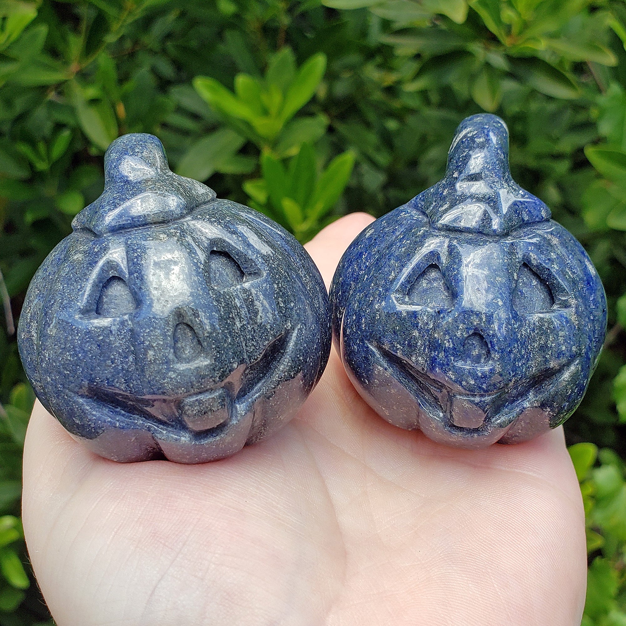 Blue Quartz Crystal Carving Natural Gemstone Jack-O-Lantern | Focused Pumpkin - 7