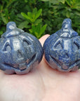 Blue Quartz Crystal Carving Natural Gemstone Jack-O-Lantern | Focused Pumpkin - 7