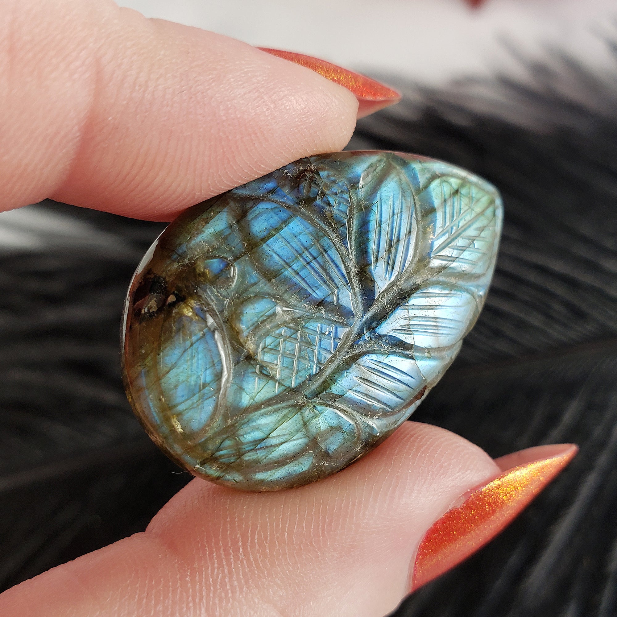 Unique 39 Carat Labradorite Cabochon Natural Gemstone Carving | Bromeliad - 1