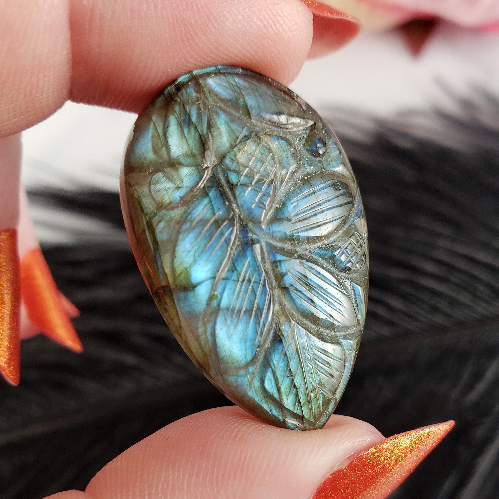Unique 39 Carat Labradorite Cabochon Natural Gemstone Carving | Bromeliad - 2