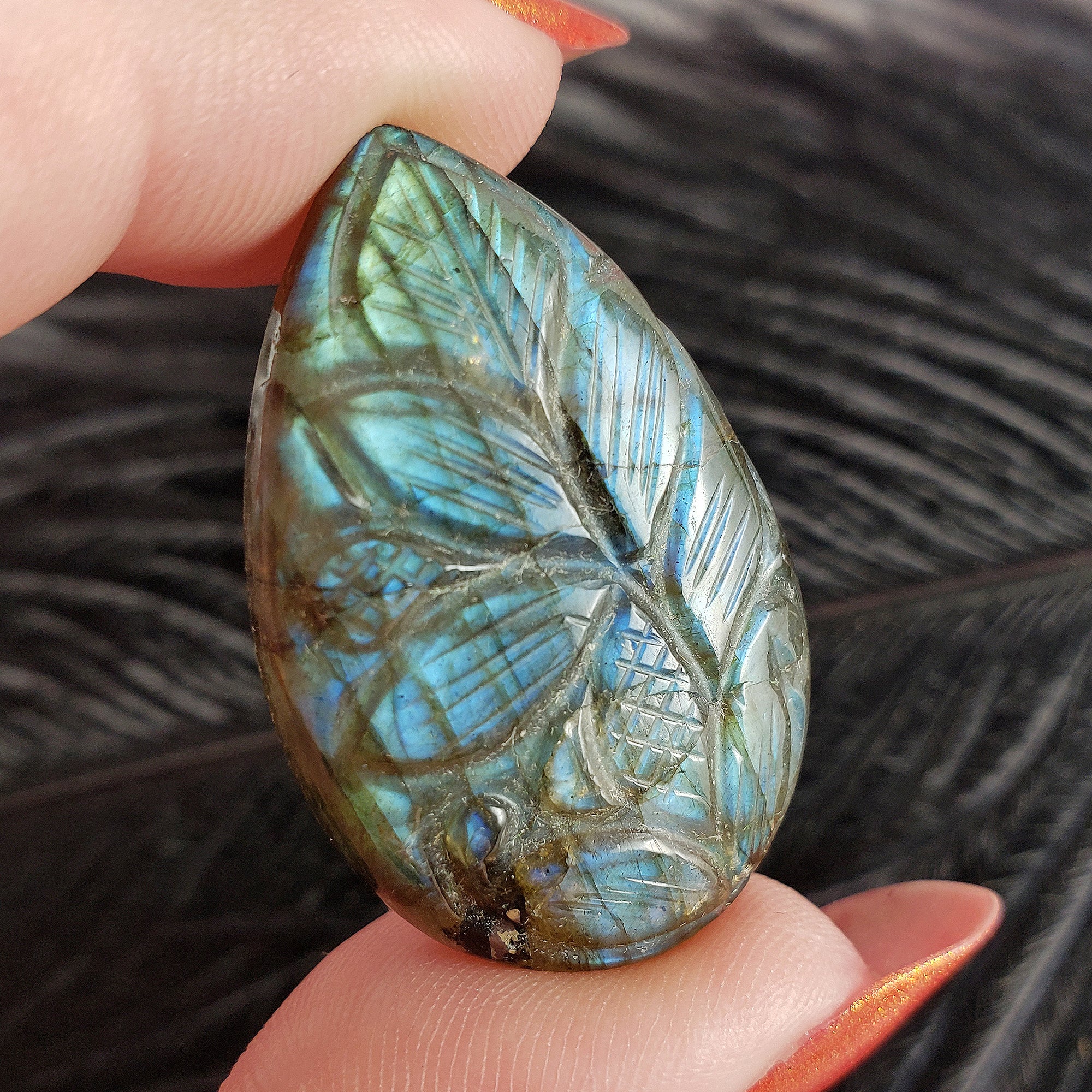 Unique 39 Carat Labradorite Cabochon Natural Gemstone Carving | Bromeliad
