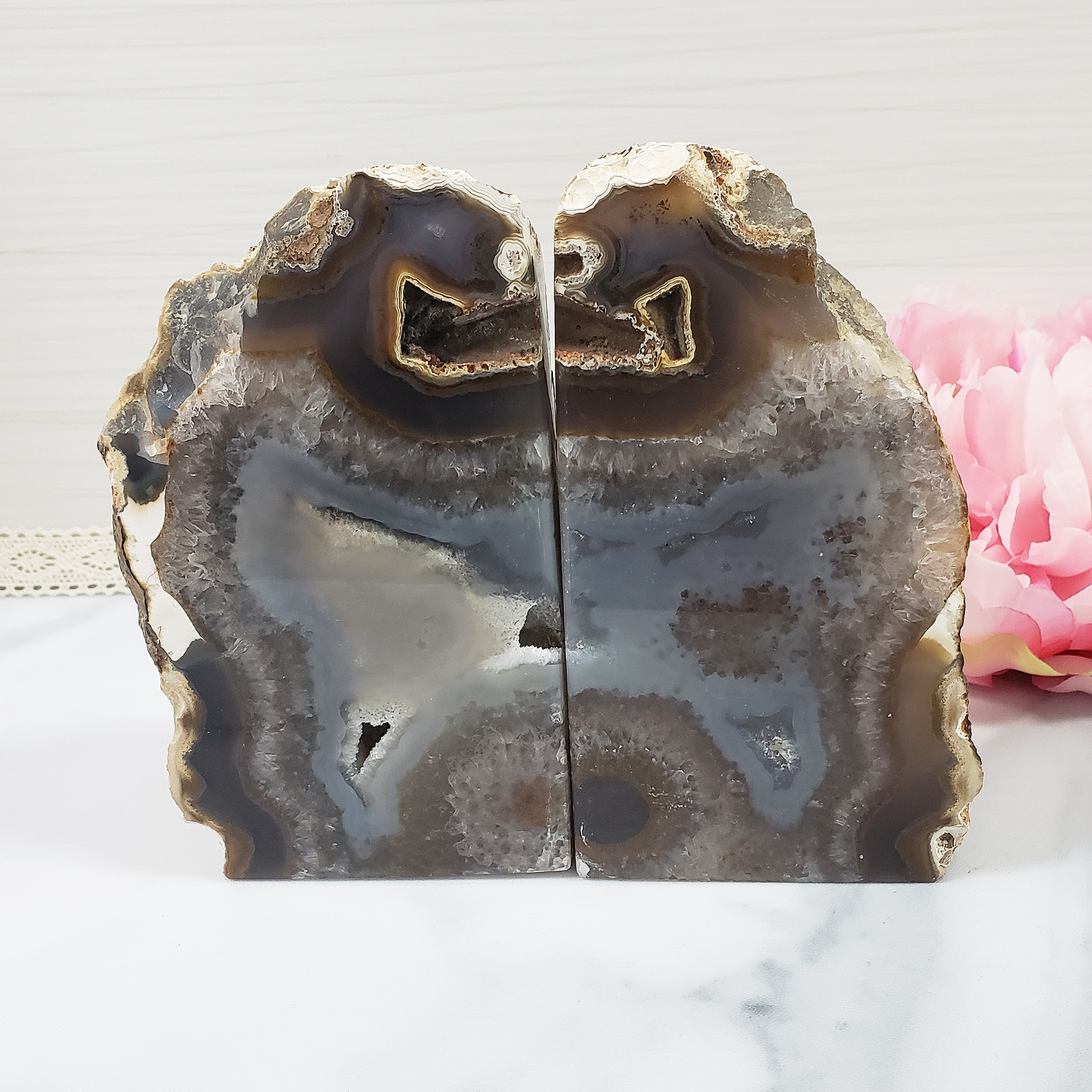 Unique Pair of Natural Agate Gemstone Crystal Bookends for Home Decor - Butterfly - Facing Forward