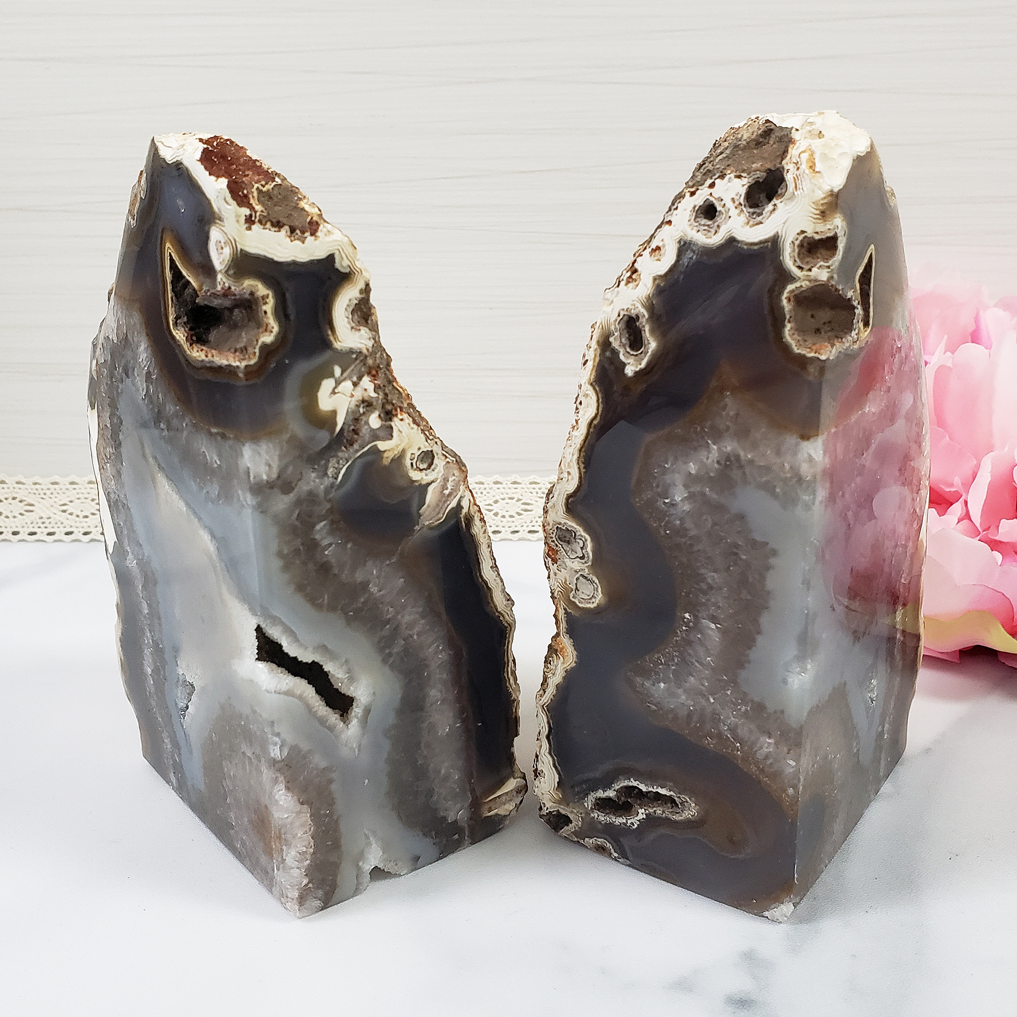 Unique Pair of Natural Agate Gemstone Crystal Bookends for Home Decor - Butterfly - Together