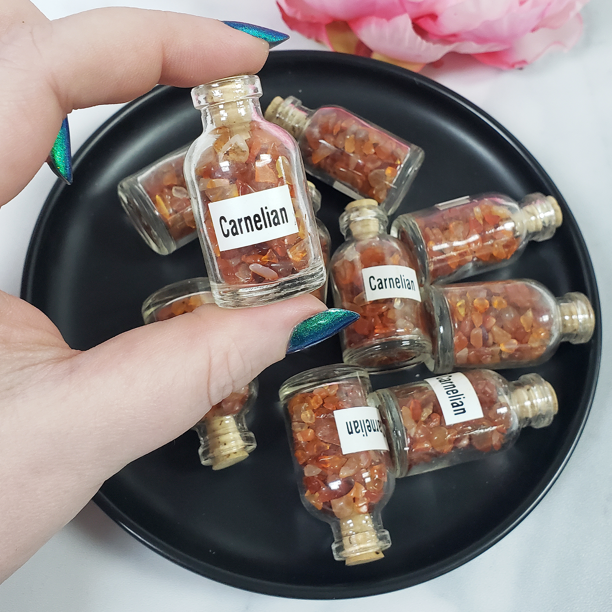 Carnelian Crystal Natural Gemstone Chips in Glass Bottle - 2