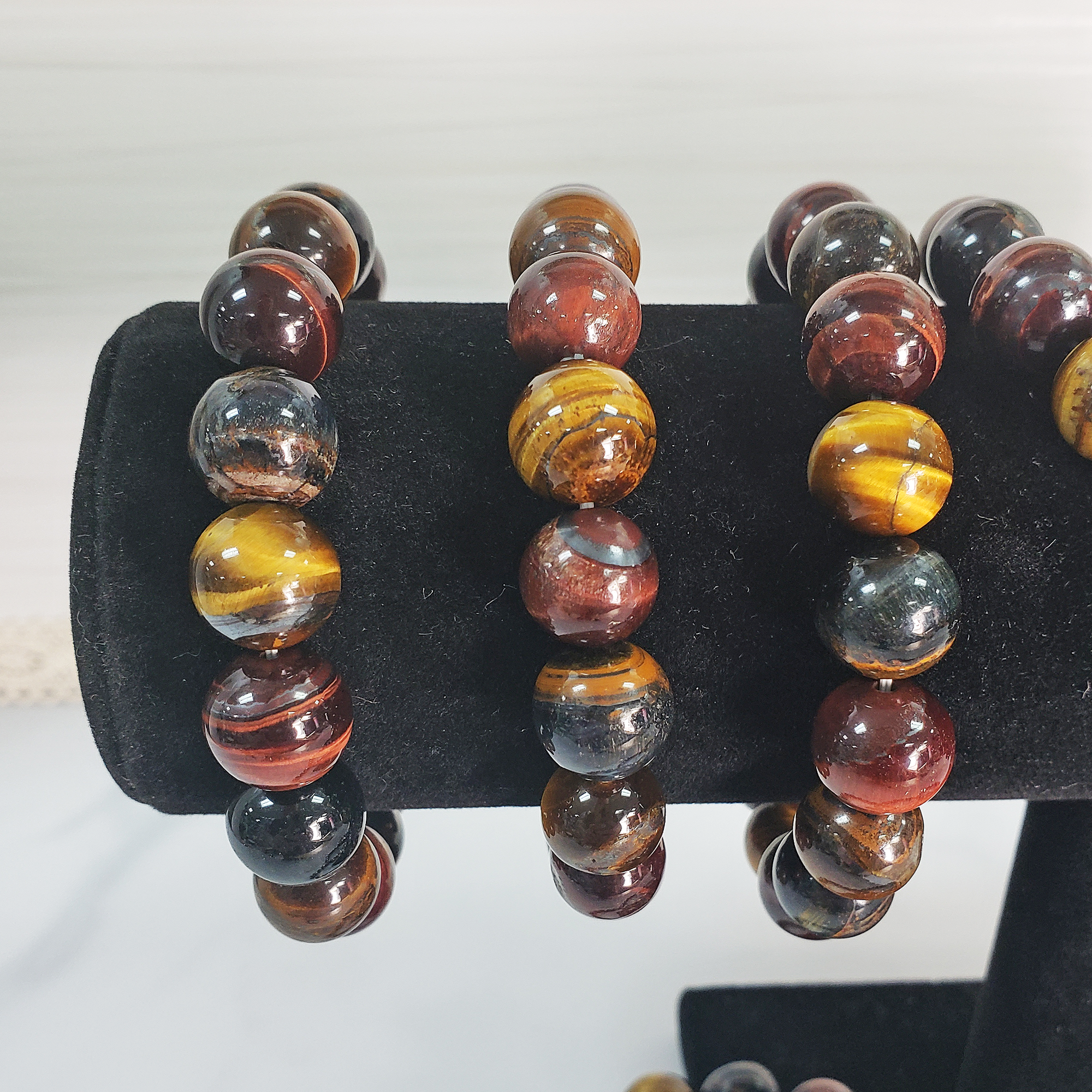 Multi Tigers Eye Crystal Natural Gemstone 10-12mm Bead Bracelet - Close Up 2