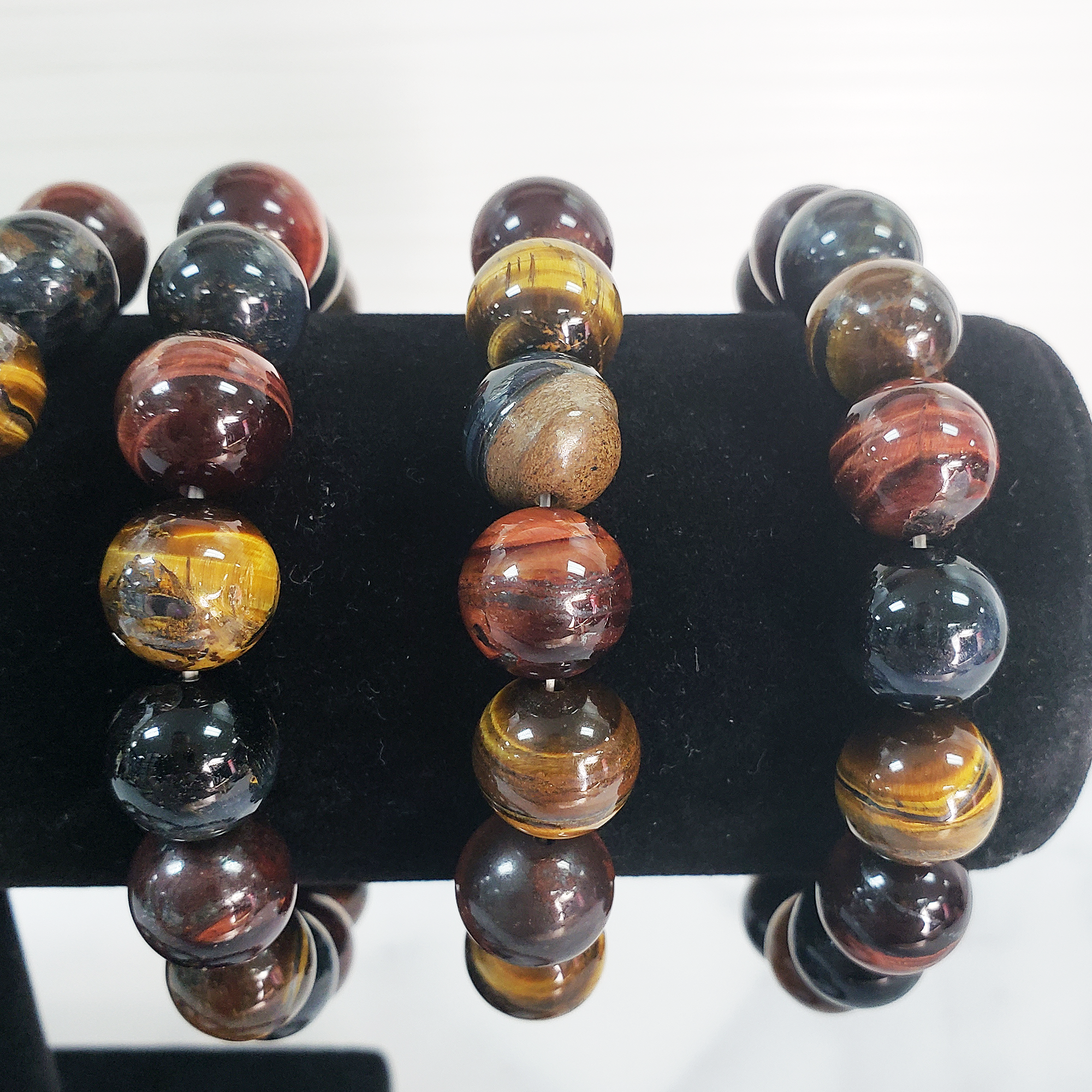 Multi Tigers Eye Crystal Natural Gemstone 10-12mm Bead Bracelet - Close Up 1