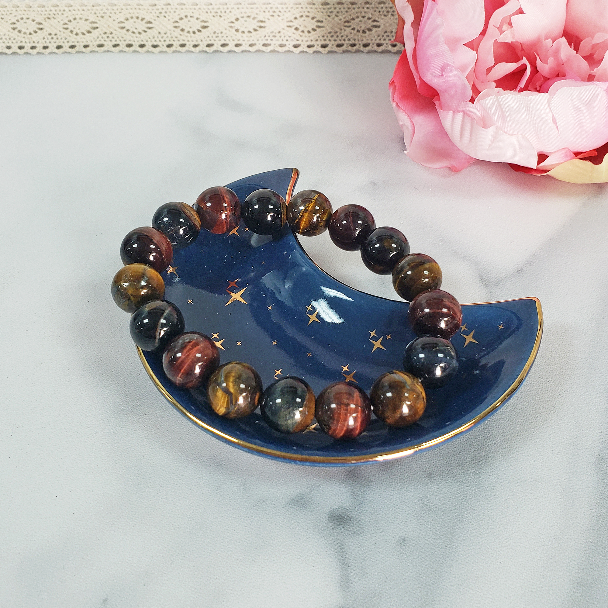 Multi Tigers Eye Crystal Natural Gemstone 10-12mm Bead Bracelet - In Jewelry Dish