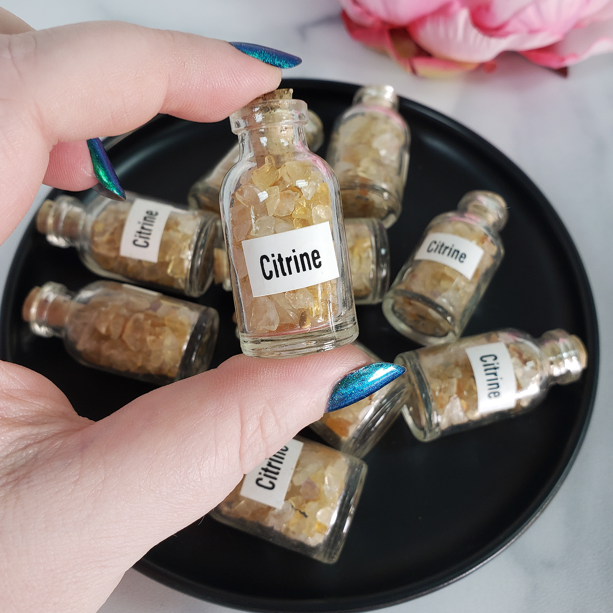 Citrine Crystal Natural Gemstone Chips in Glass Bottle - 1