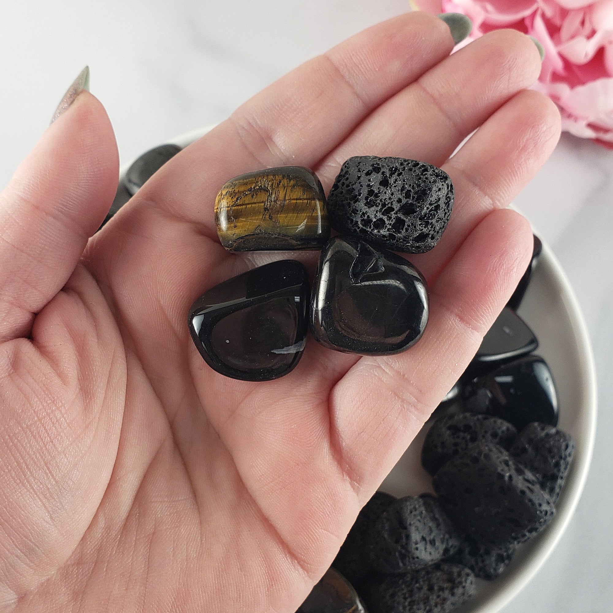 Tumbled Stones Natural Crystal Set for Cleansing & Spiritual Protection | Shungite, Obsidian, Tigers Eye, Lava Rock - Psychic Attacks, Energy Vampirism