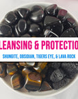 Tumbled Stones Natural Crystal Set for Cleansing & Spiritual Protection | Shungite, Obsidian, Tigers Eye, Lava Rock