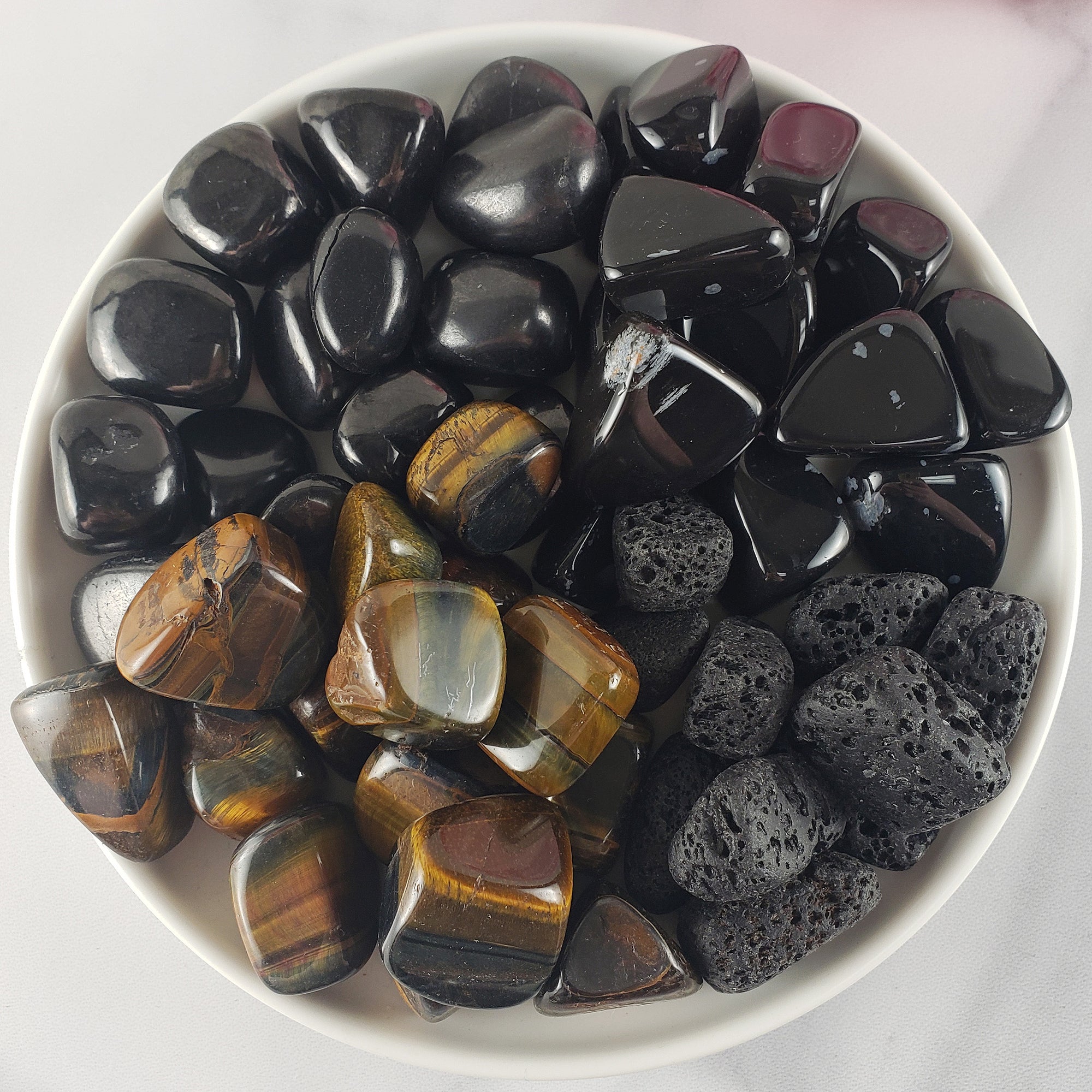 Tumbled Stones Natural Crystal Set for Cleansing &amp; Spiritual Protection | Shungite, Obsidian, Tigers Eye, Lava Rock - Dissolve Spiritual Voids, Cleanse aura