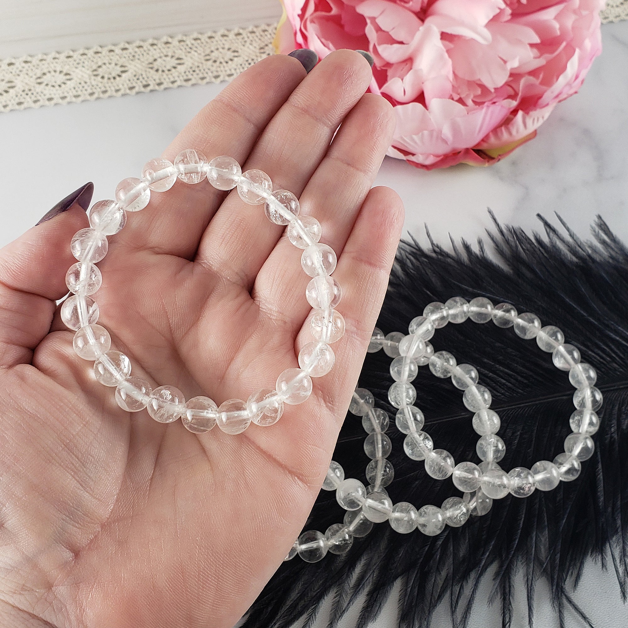 Quartz Crystal Natural Gemstone 7-8mm Bead Stretch Bracelet | Crown Chakra Crystals