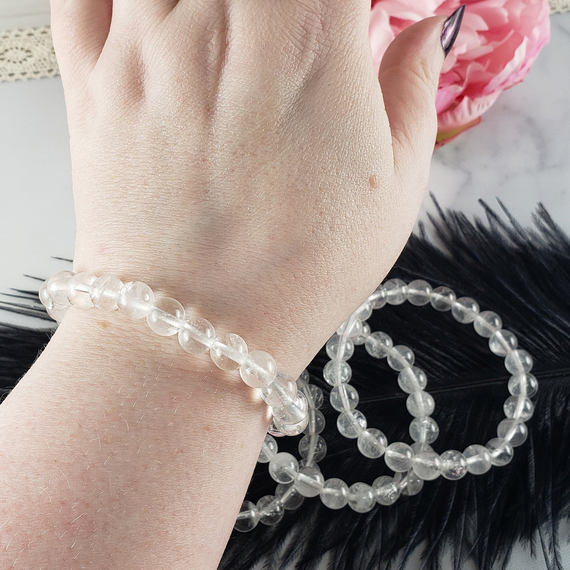 Quartz Crystal Natural Gemstone 7-8mm Bead Stretch Bracelet | Crown Chakra Stones