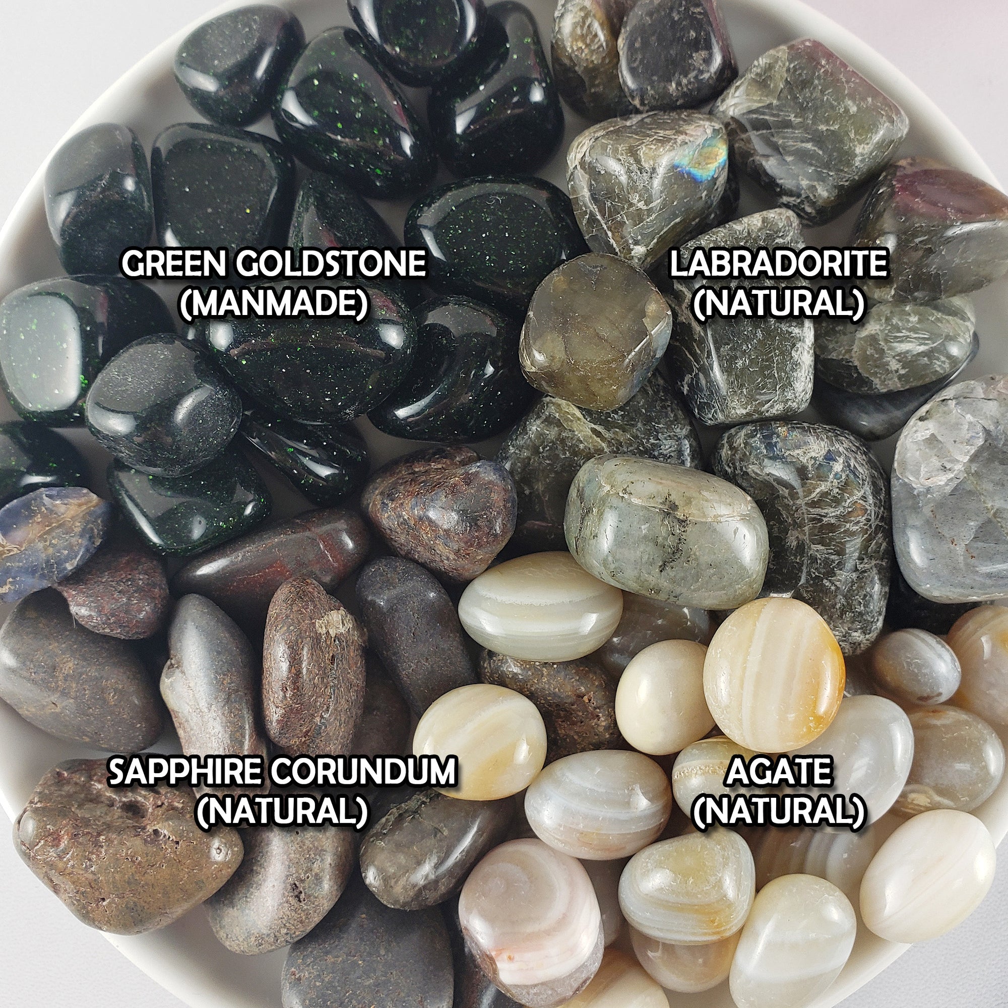 Crystal Set for Learning & Creativity | Labradorite, Agate, Green Goldstone, Sapphire - Natural and manmade gemstones