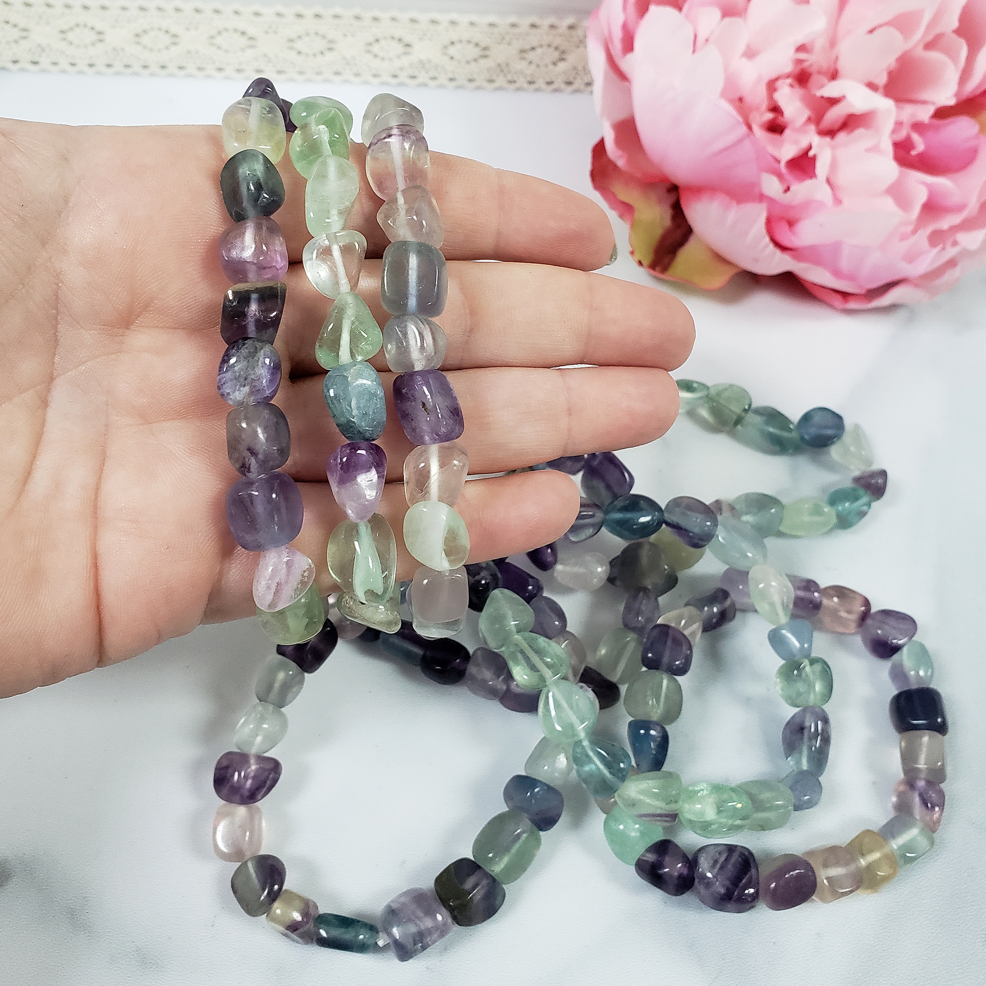 Rainbow Fluorite Crystal Natural Gemstone Nugget Bead Bracelet 