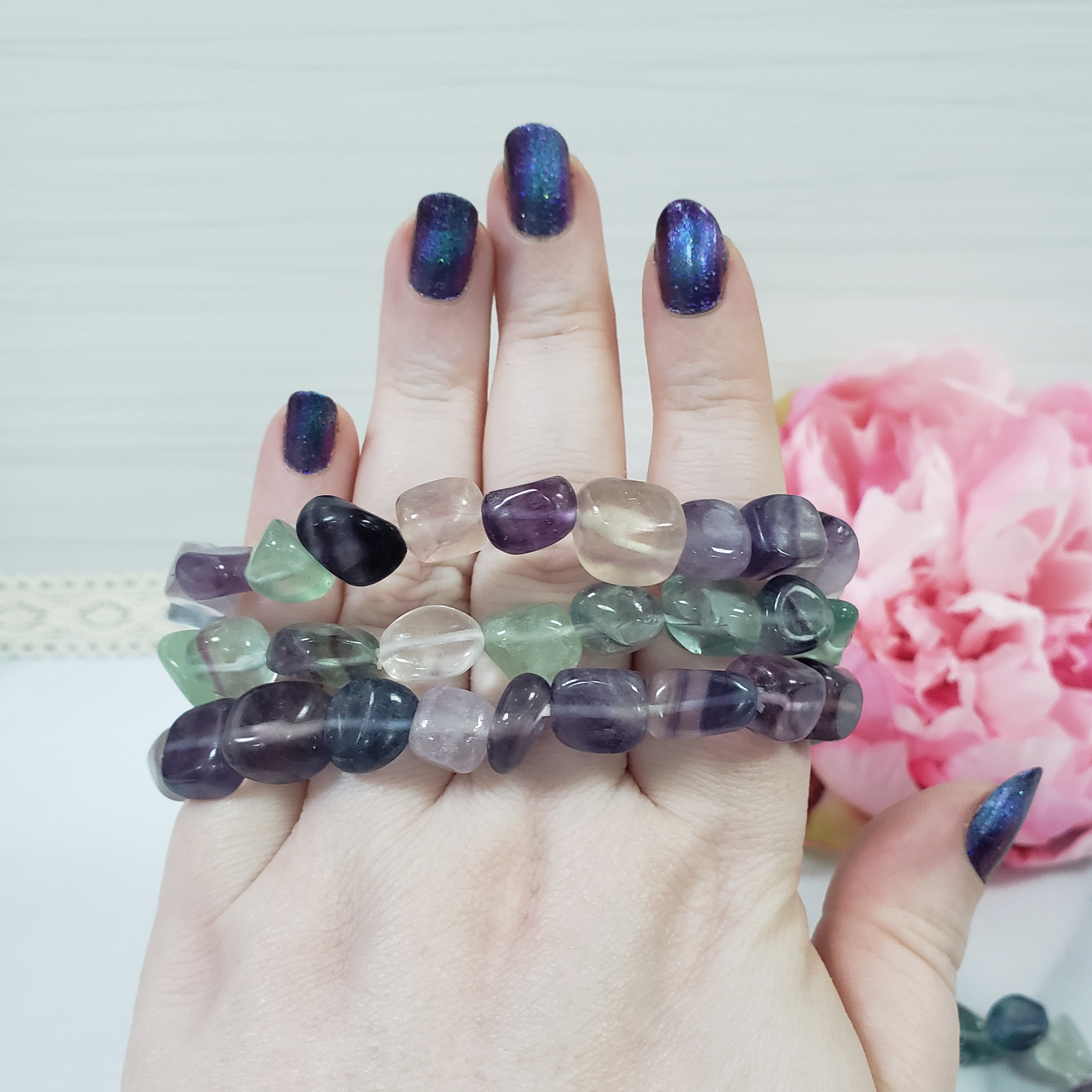 Rainbow Fluorite Crystal Natural Gemstone Nugget Bead Bracelet - 2