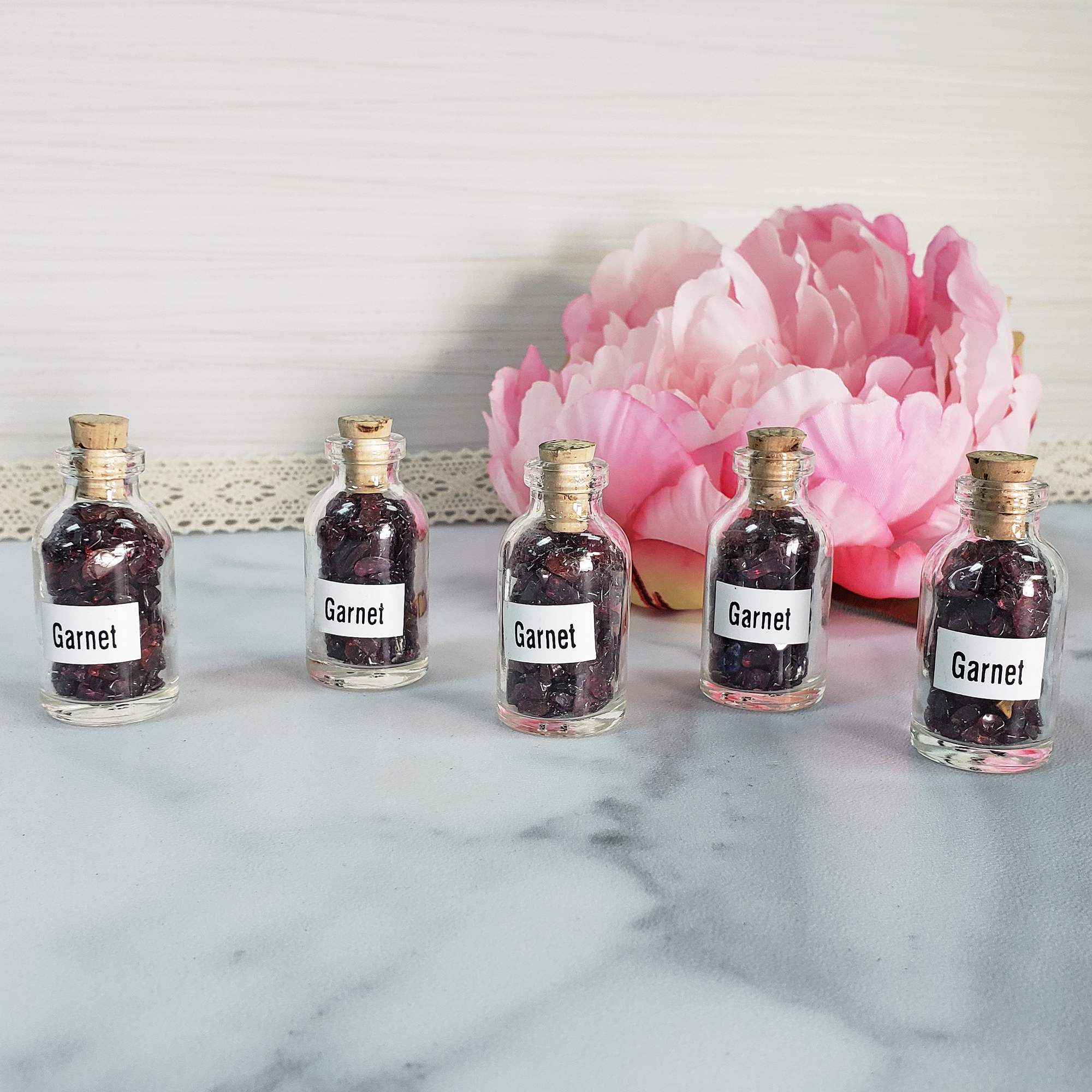 Garnet Stone Natural Crystal Chips in Glass Bottle