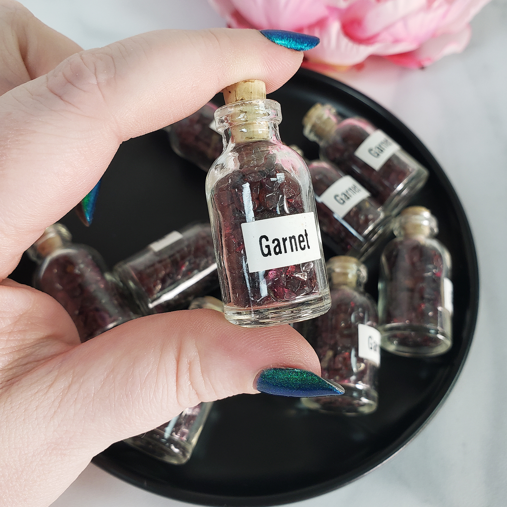 Garnet Stone Natural Crystal Chips in Glass Bottle - 1