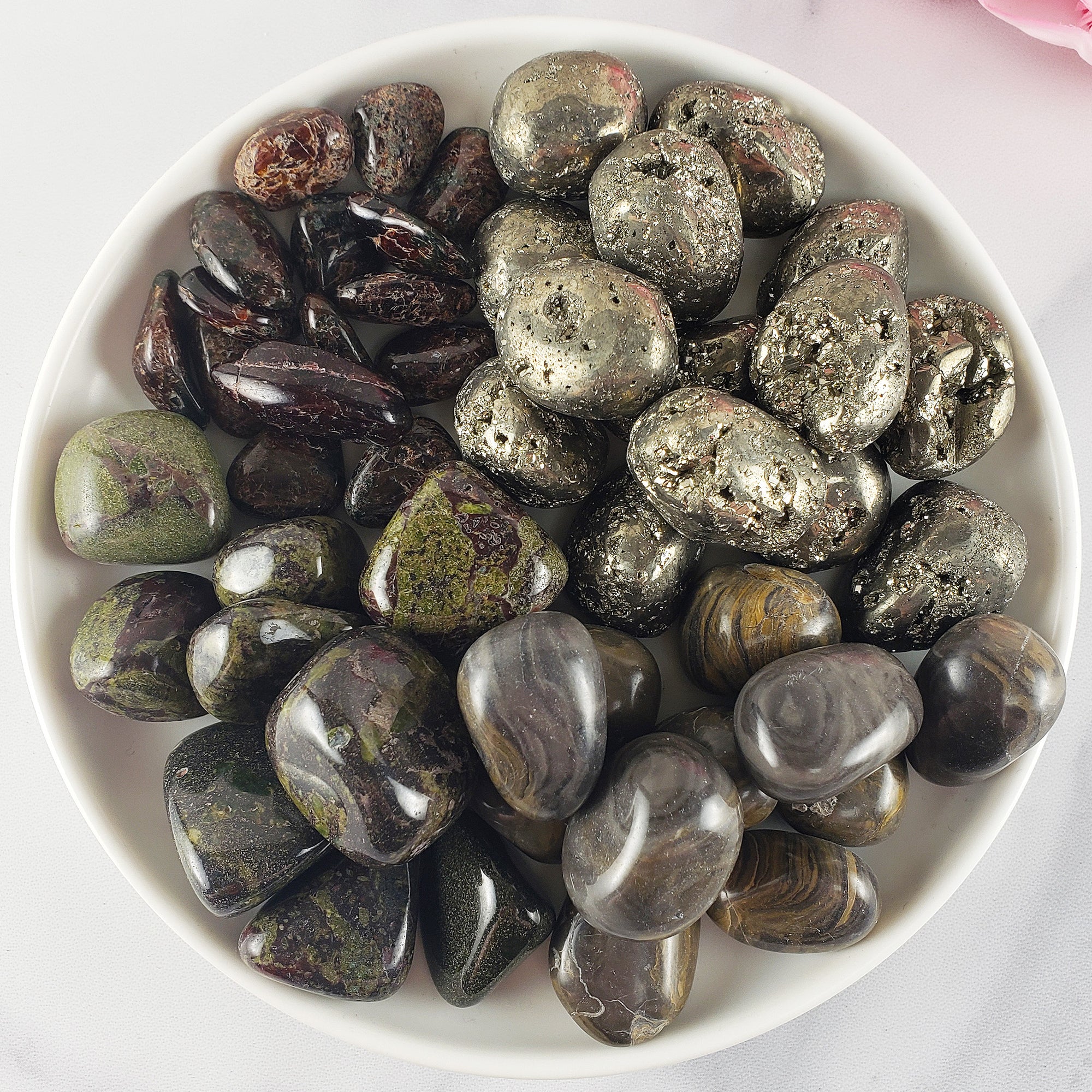 Tumbled Stones Natural Crystal Set for Luck &amp; Opportunities | Garnet, Pyrite, Dragon Stone, Camouflage Jasper